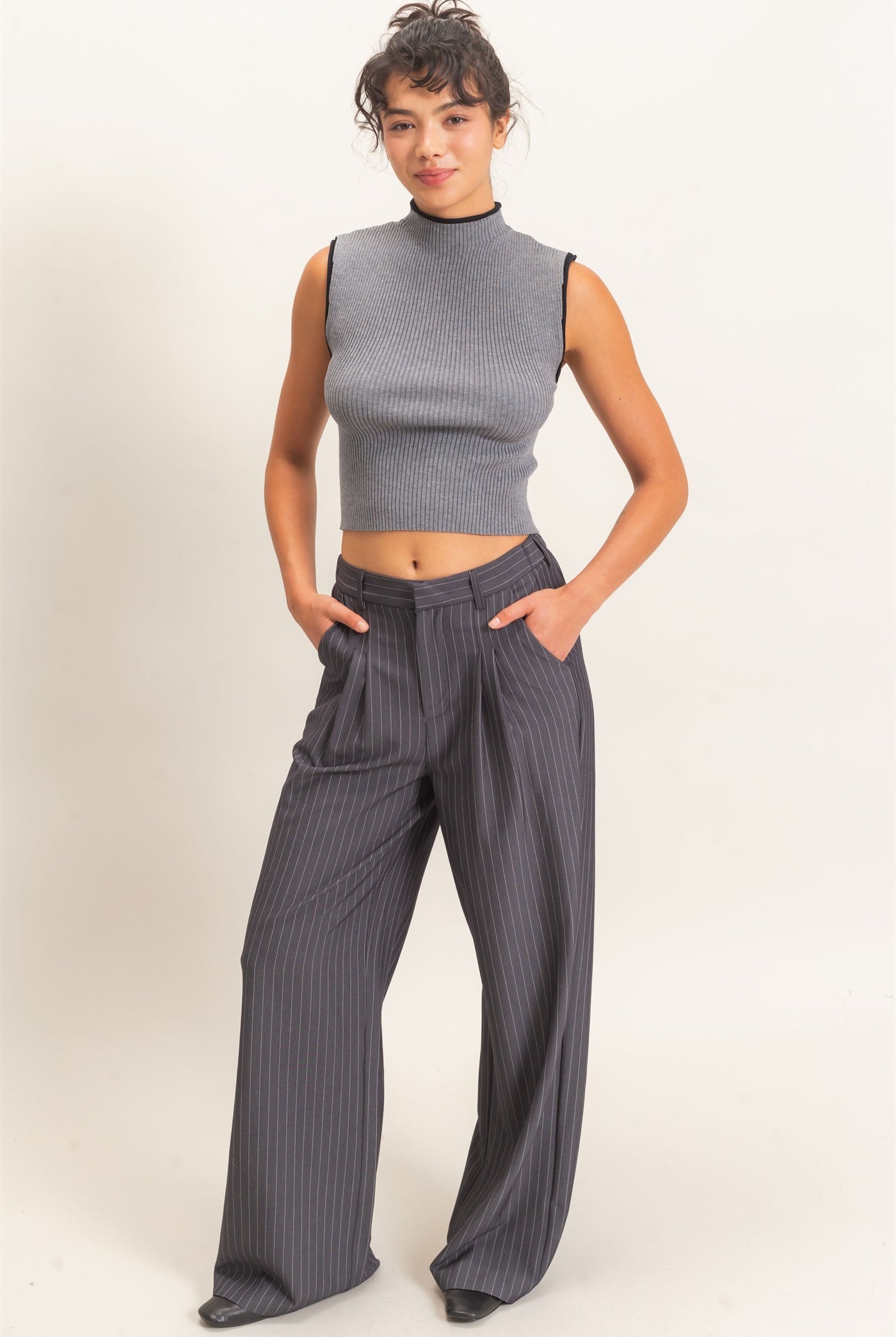 Wholesale Pinstripe Wide-Leg Trousers Pants DZ26E426 DARK GRAY DOUBLE ZERO