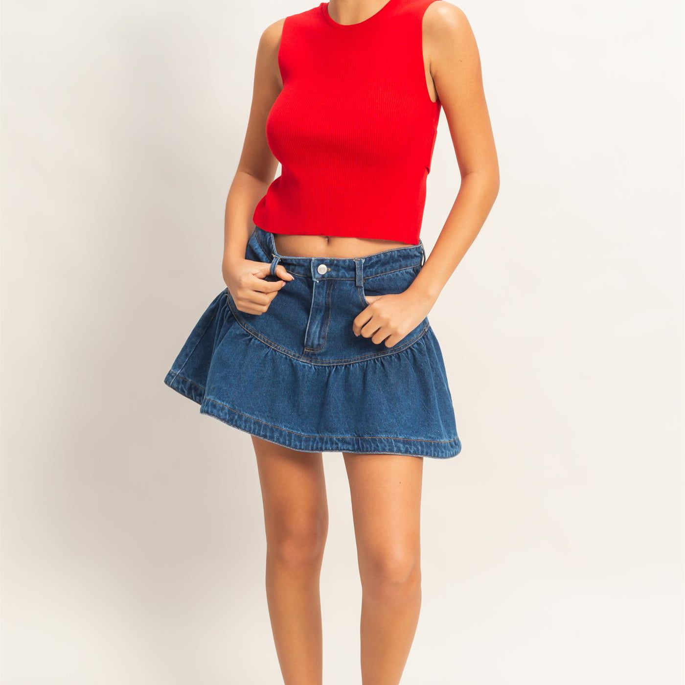 Wholesale Denim Ruffle Skirt Skirts HF26A274 DARK DENIM HYFVE