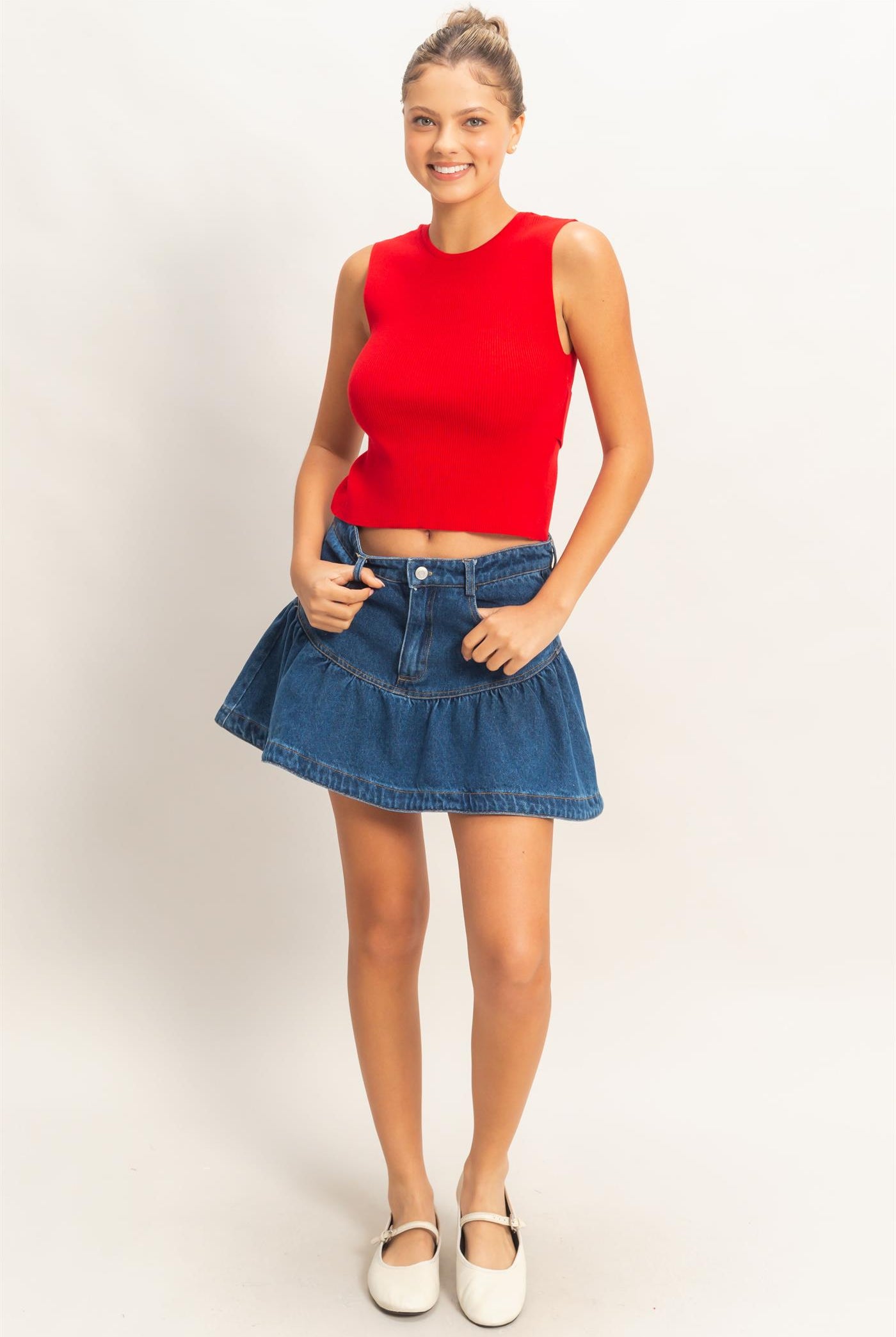 Wholesale Denim Ruffle Skirt Skirts HF26A274 DARK DENIM HYFVE