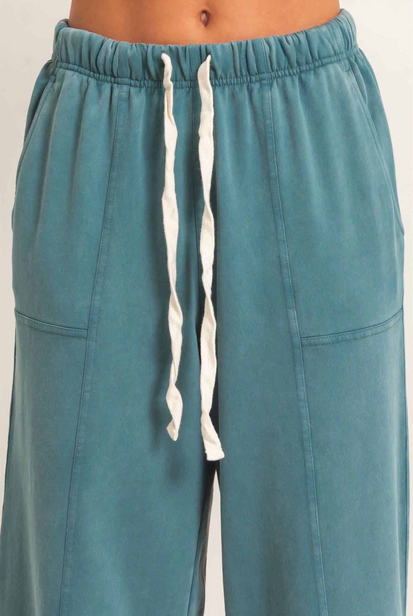 Wholesale Acid Wash Drawstring Waist Wide Leg Pants Pants DZ25A685 DARK TEAL DOUBLE ZERO