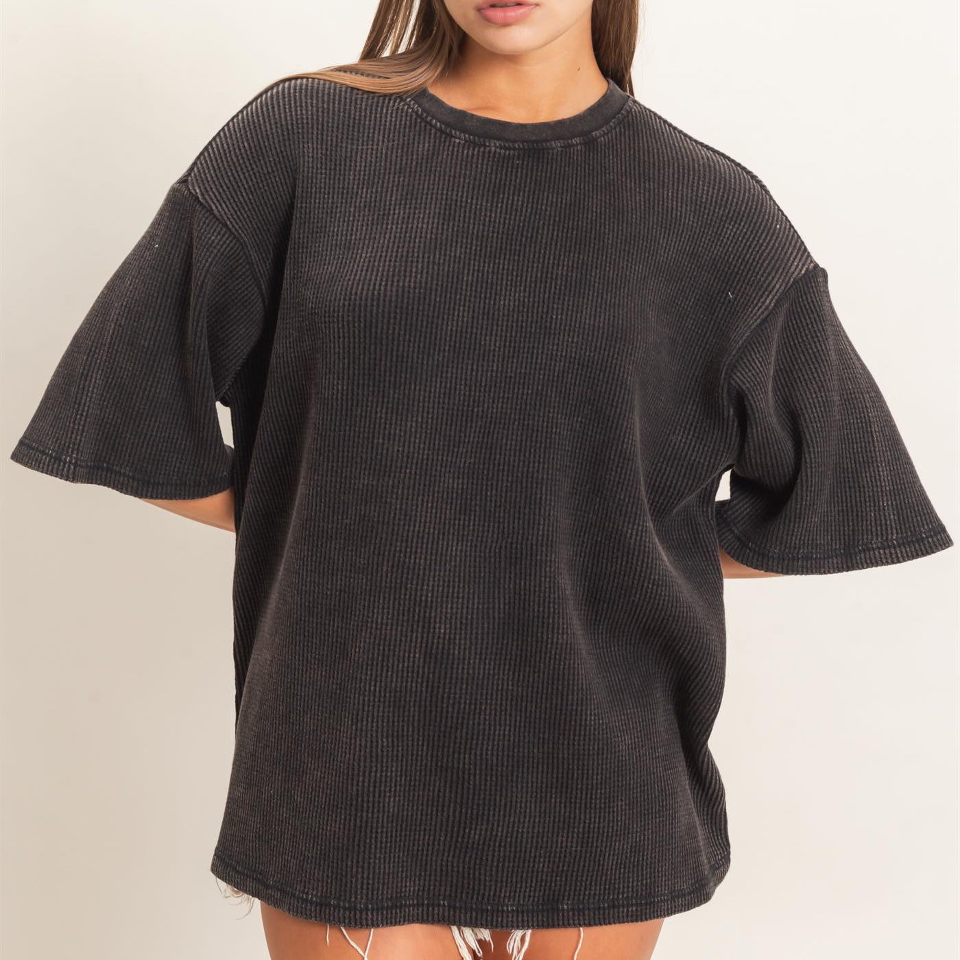 Wholesale Mineral Wash Waffle Crew Neck Short Sleeve Top Clothing Tops DZ26E328 BLACK DOUBLE ZERO