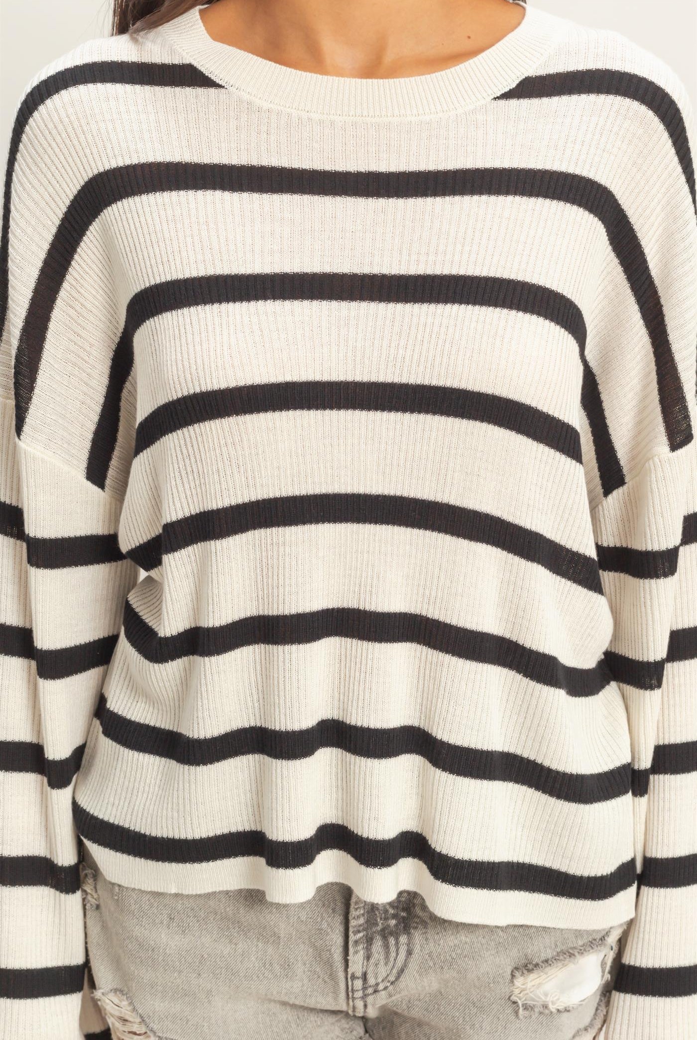 Wholesale Lightweight Wide-Sleeve Striped Sweater Clothing Tops DZ26A329 BLACK DOUBLE ZERO