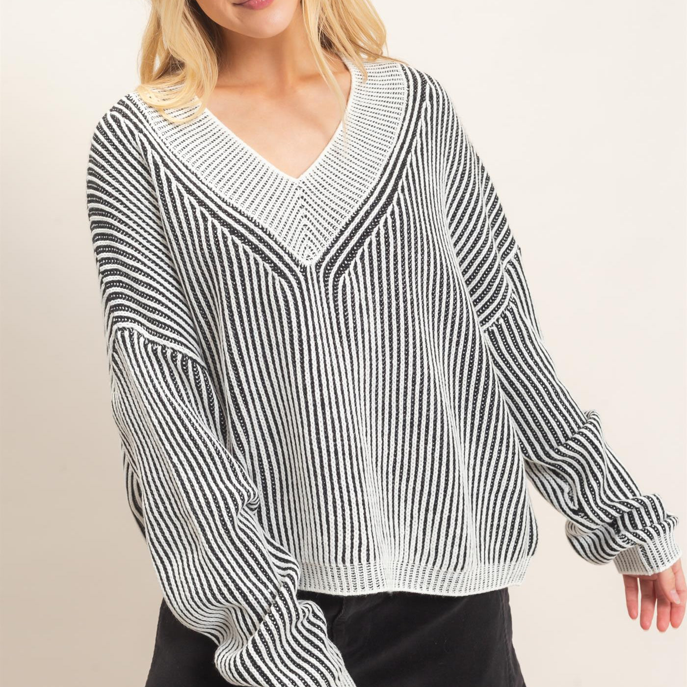 Wholesale Striped V-Neck Ribbed Sweater Sweaters HF26F202 BLACK HYFVE