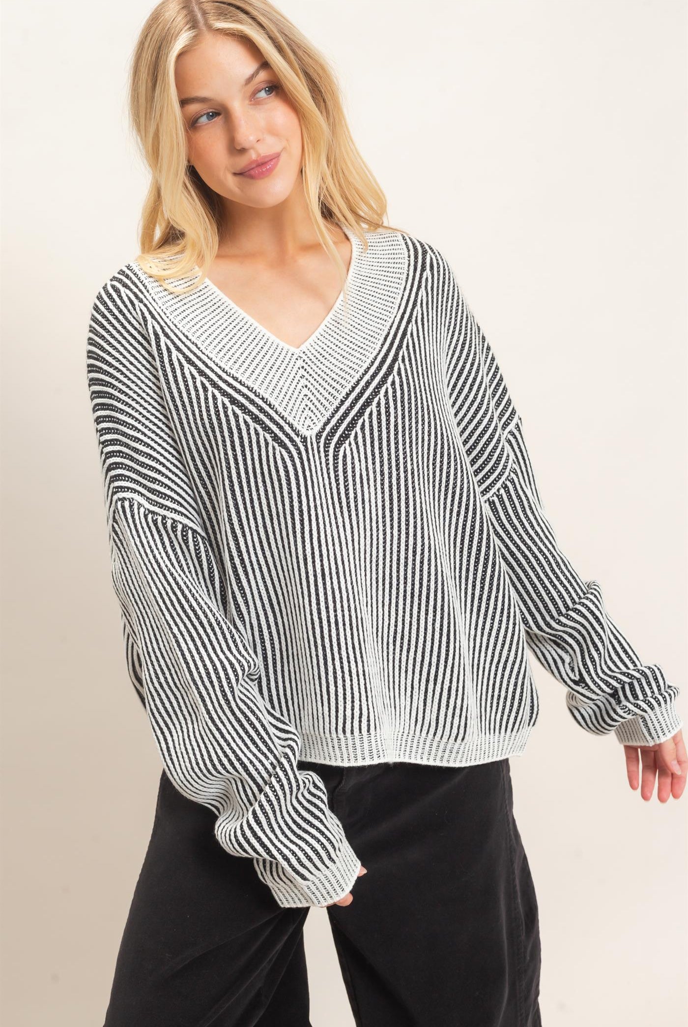 Wholesale Striped V-Neck Ribbed Sweater Sweaters HF26F202 BLACK HYFVE