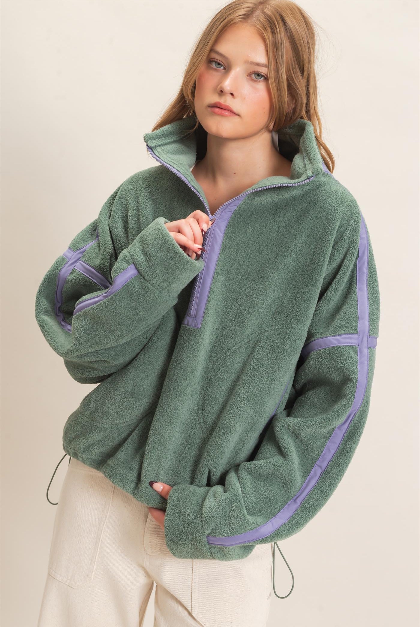 Wholesale Contrast Trim Half-Zip Fleece Pullover Outerwear HF26F206-D PISTACHIO HYFVE