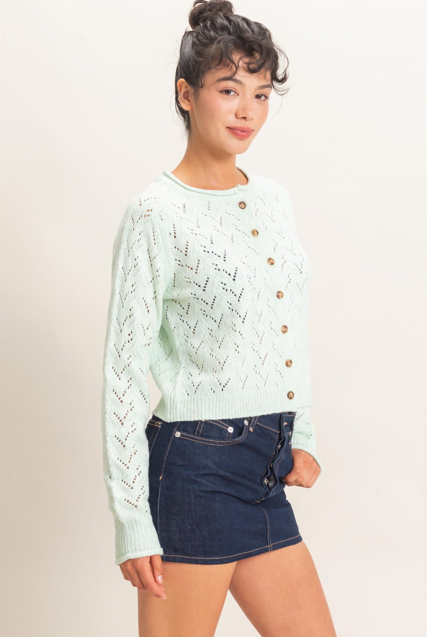 Wholesale Pointelle Knit Button Front Cardigan Cardigans DZ26C978 PALE GREEN DOUBLE ZERO