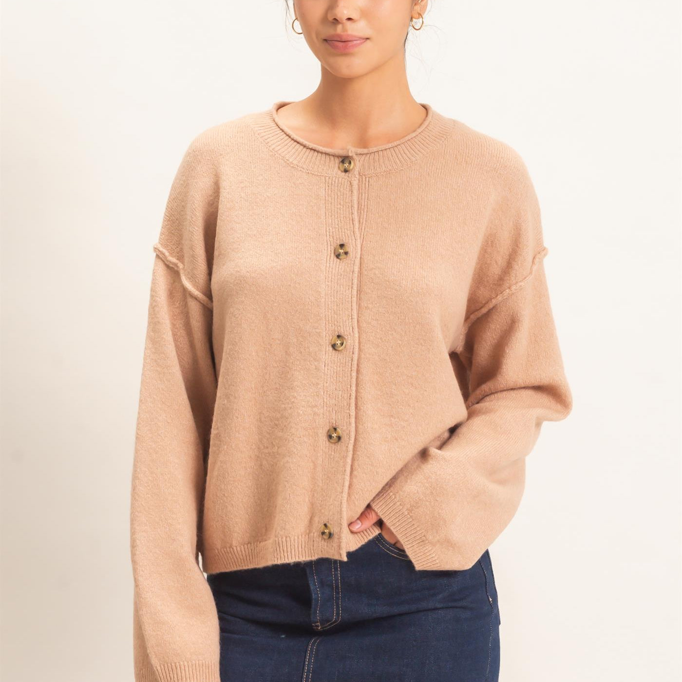 Wholesale Crew Neck Loose Fit Cardigan Cardigans DZ26E269 DARK TAUPE DOUBLE ZERO