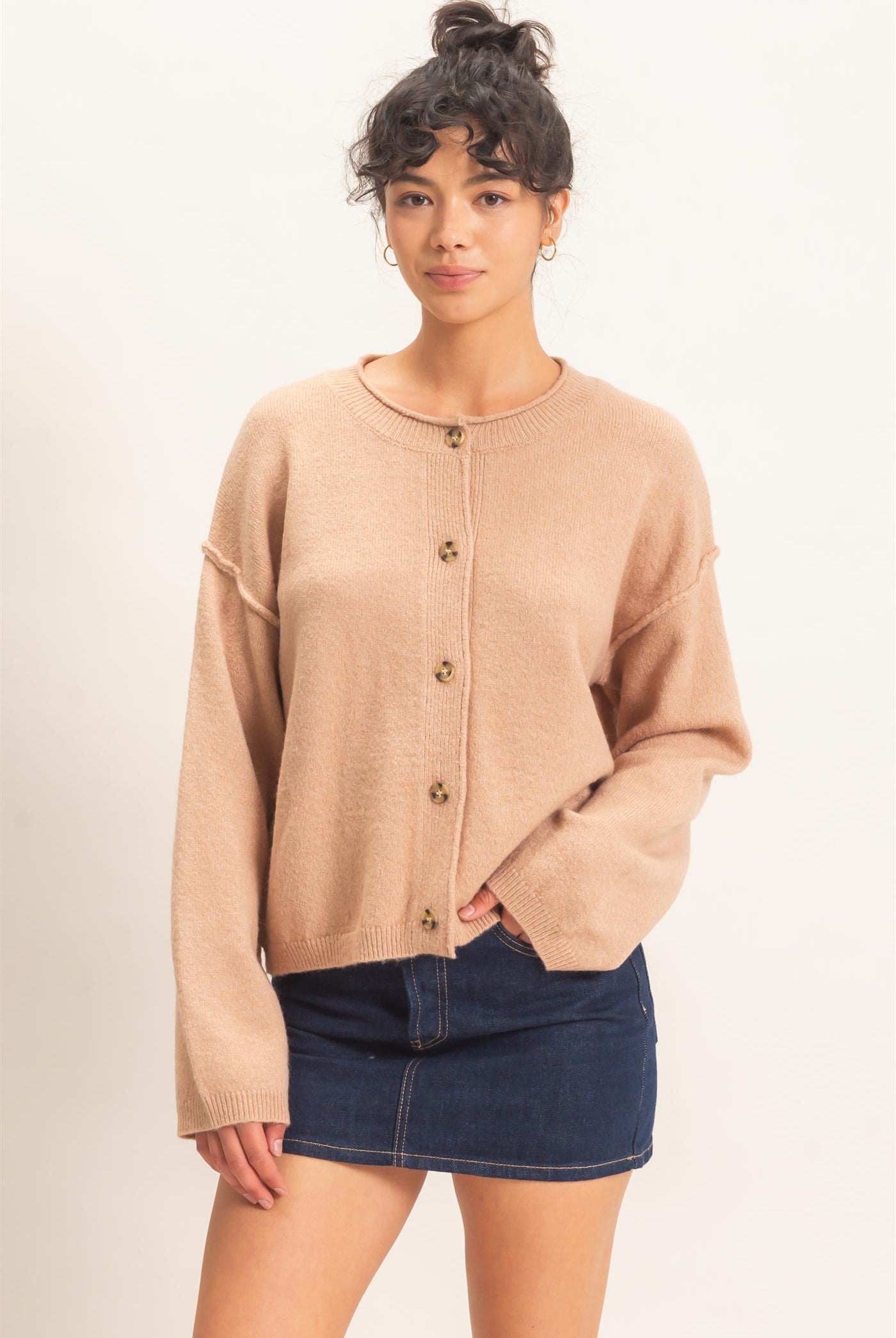 Wholesale Crew Neck Loose Fit Cardigan Cardigans DZ26E269 DARK TAUPE DOUBLE ZERO