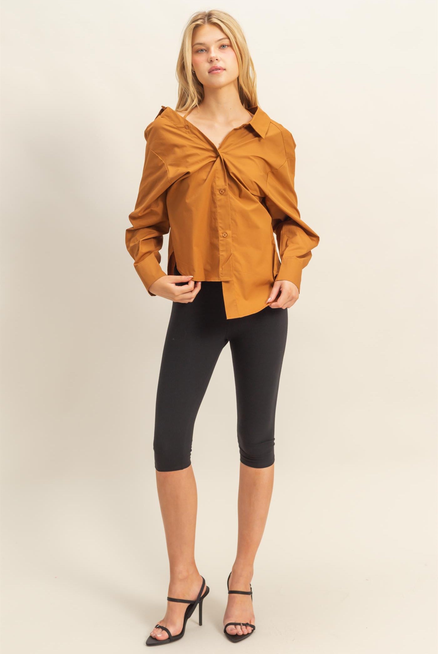 Wholesale Off-The-Shoulder Asymmetrcal Button-Up Shirt Clothing Tops HF22G139 CAMEL HYFVE