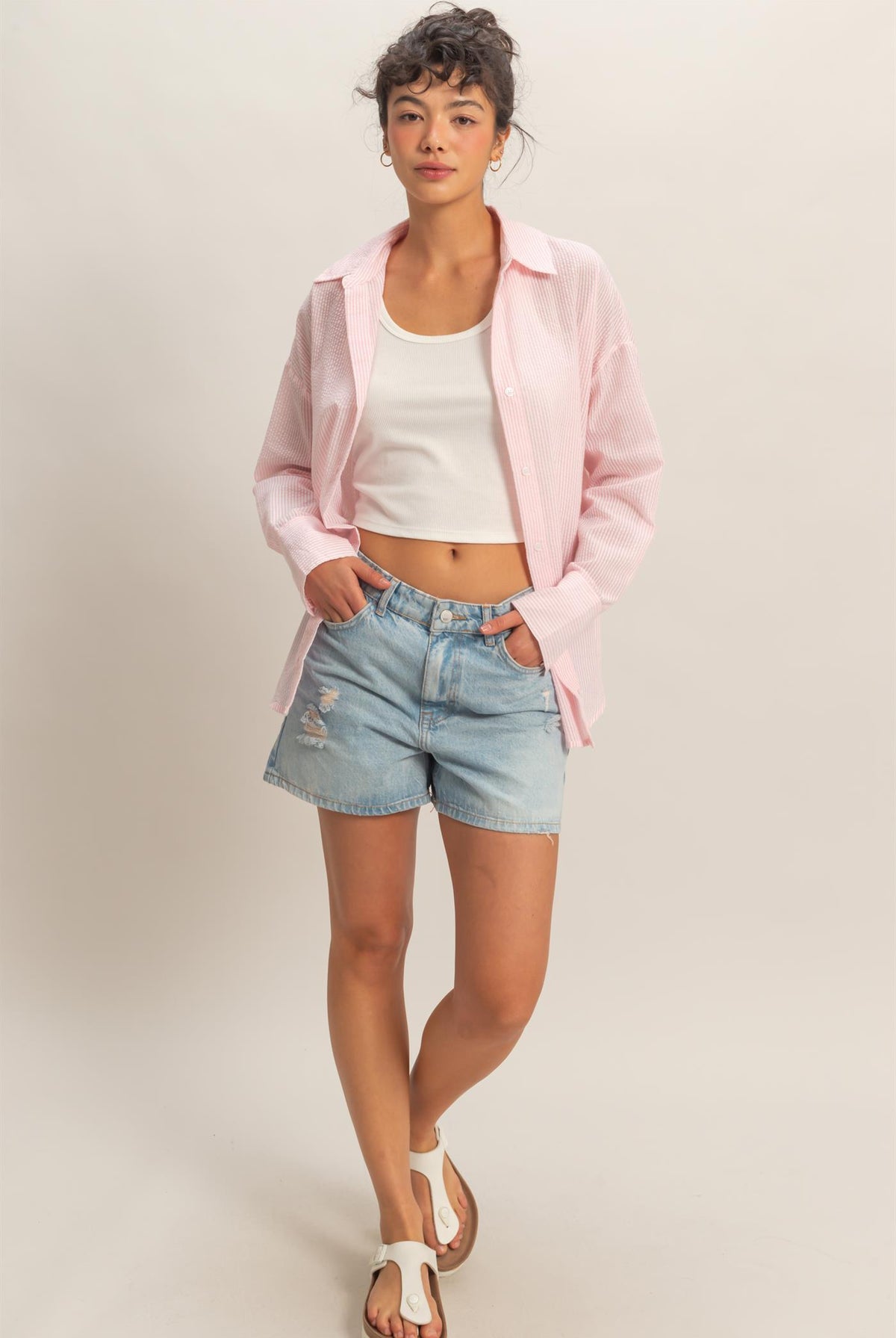 Wholesale Striped Button-Up Shirt Shirts DZ26A737 PINK DOUBLE ZERO