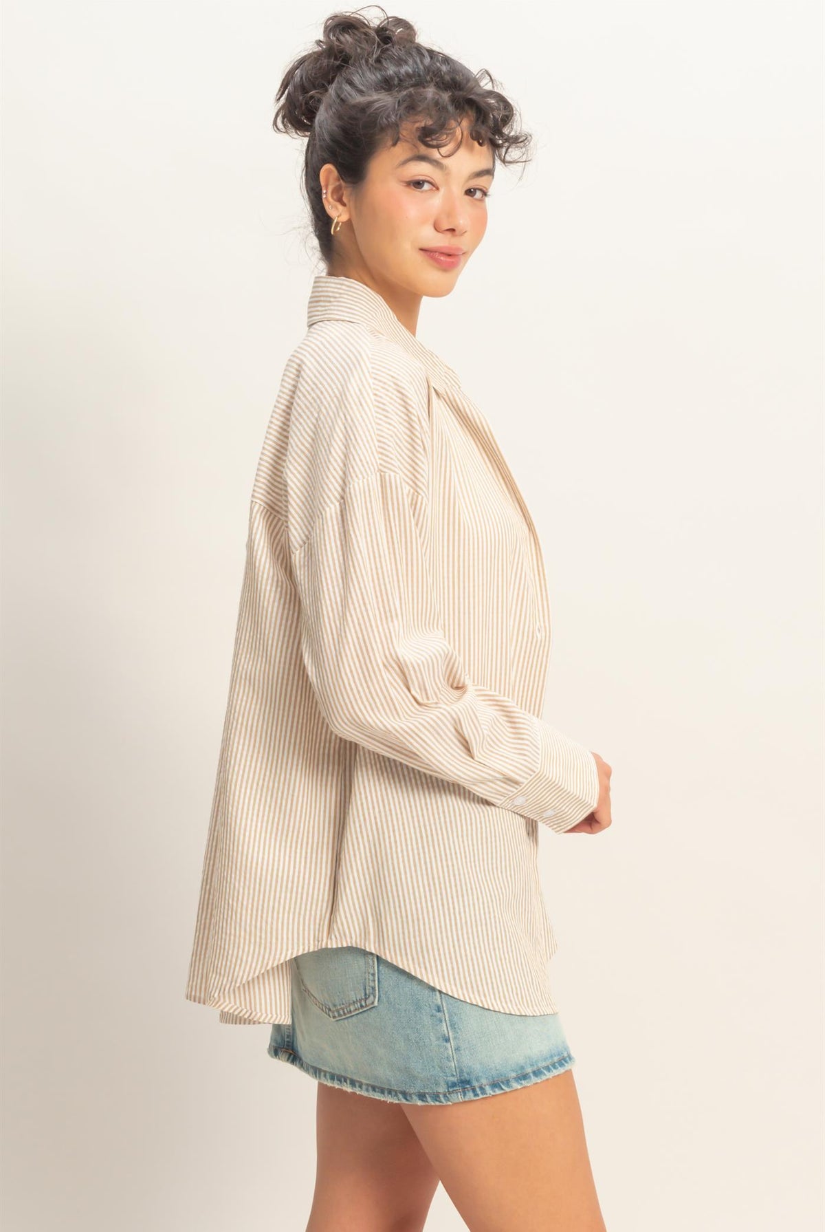 Wholesale Striped Button-Up Shirt Shirts DZ26A737 TAUPE DOUBLE ZERO