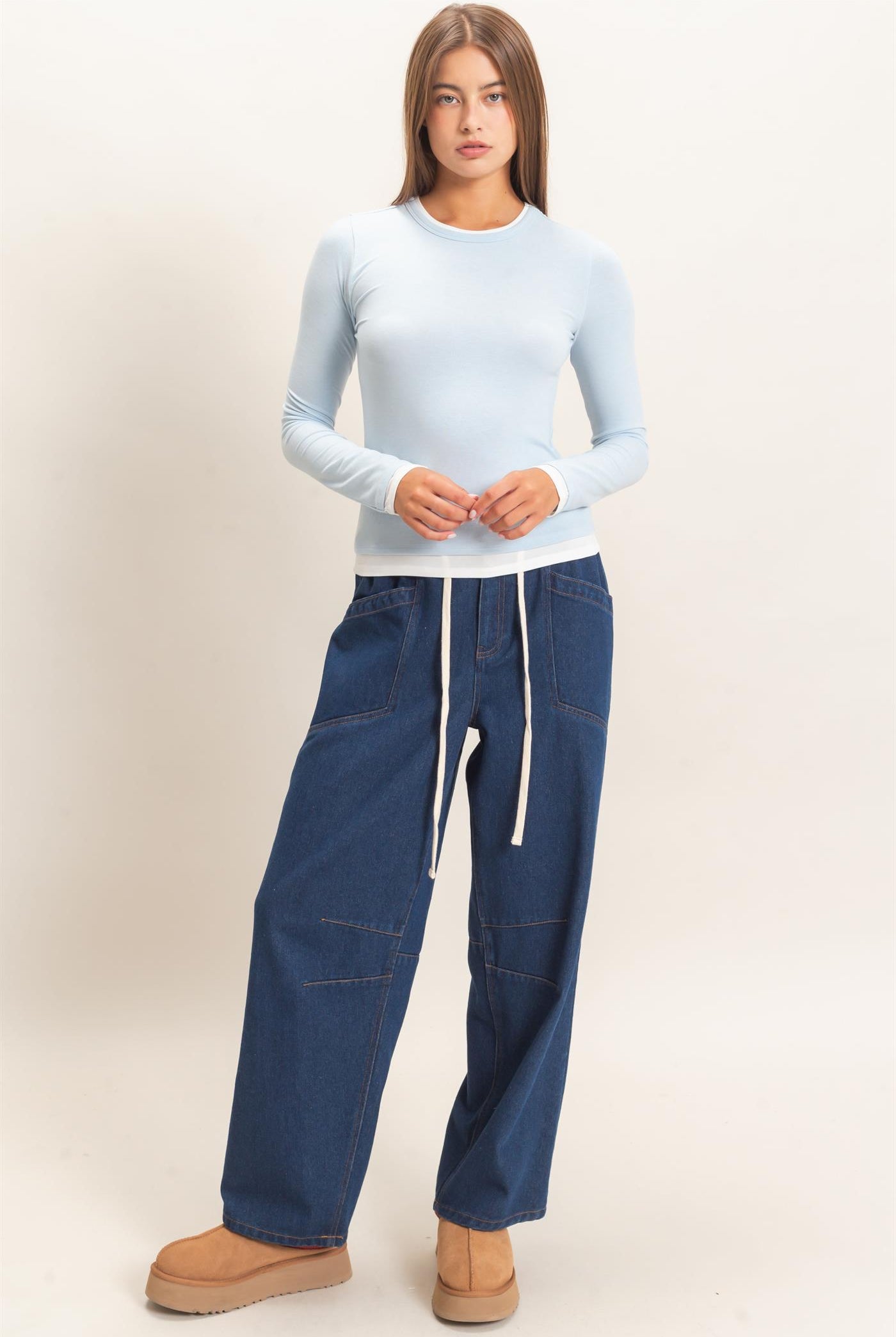 Wholesale Layered Effect Long Sleeve Top Clothing Tops DZ26F341 ICE BLUE DOUBLE ZERO