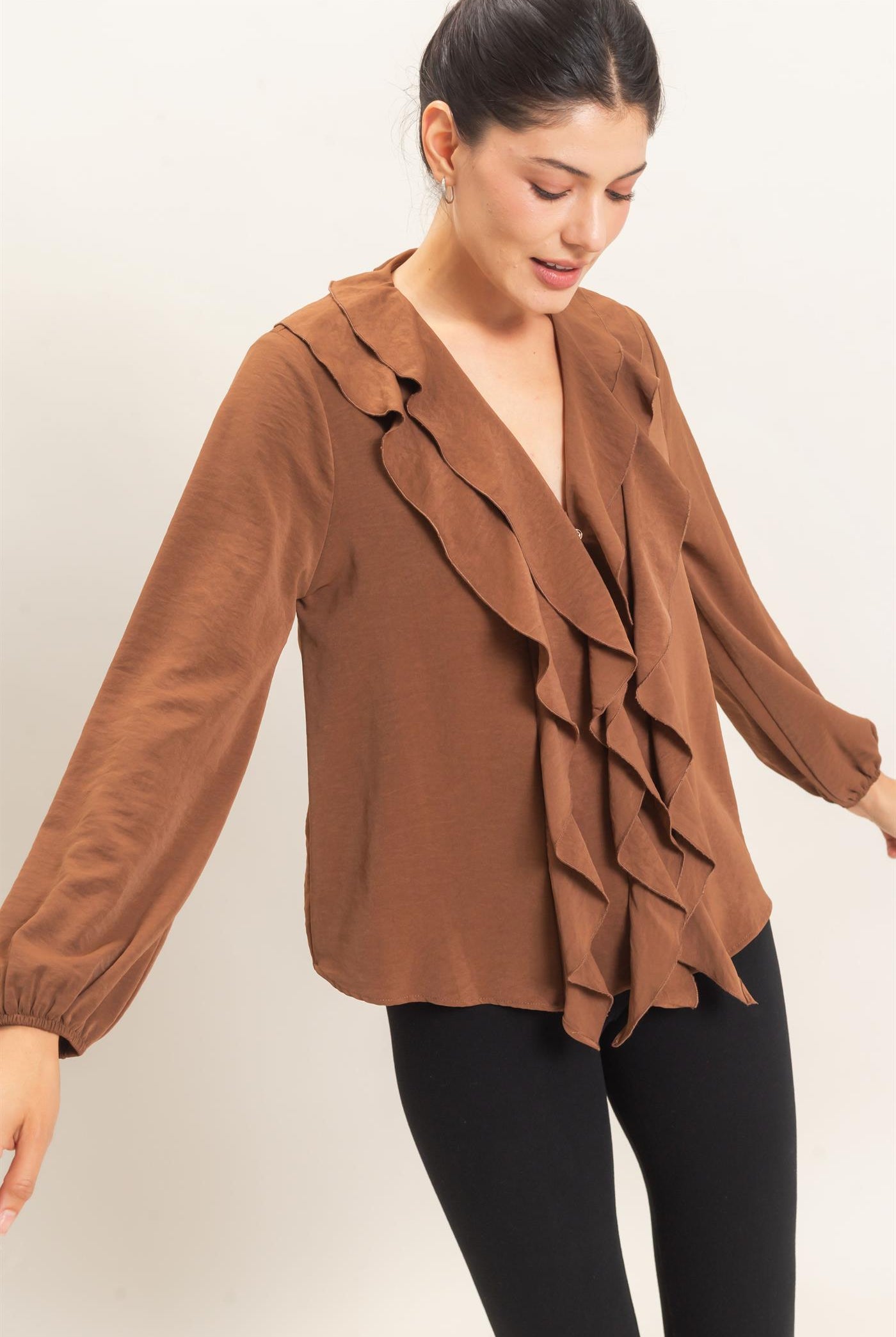 Wholesale Ruffled V-Neck Button-Up Blouse Blouses HF26C739 BROWN HYFVE