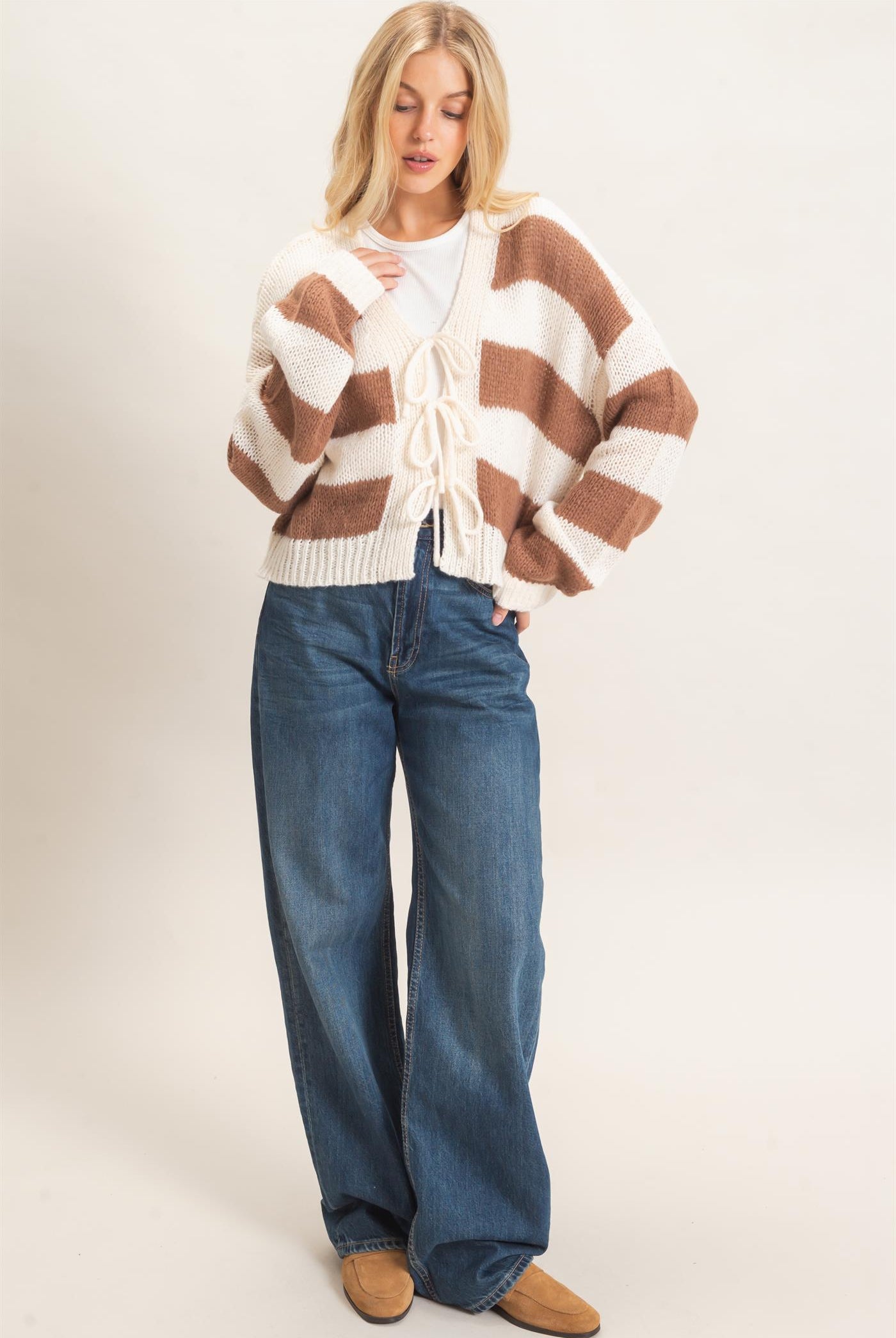 Wholesale Striped V-Neck Sweater Cardigan Cardigans HF26E959 BROWN HYFVE