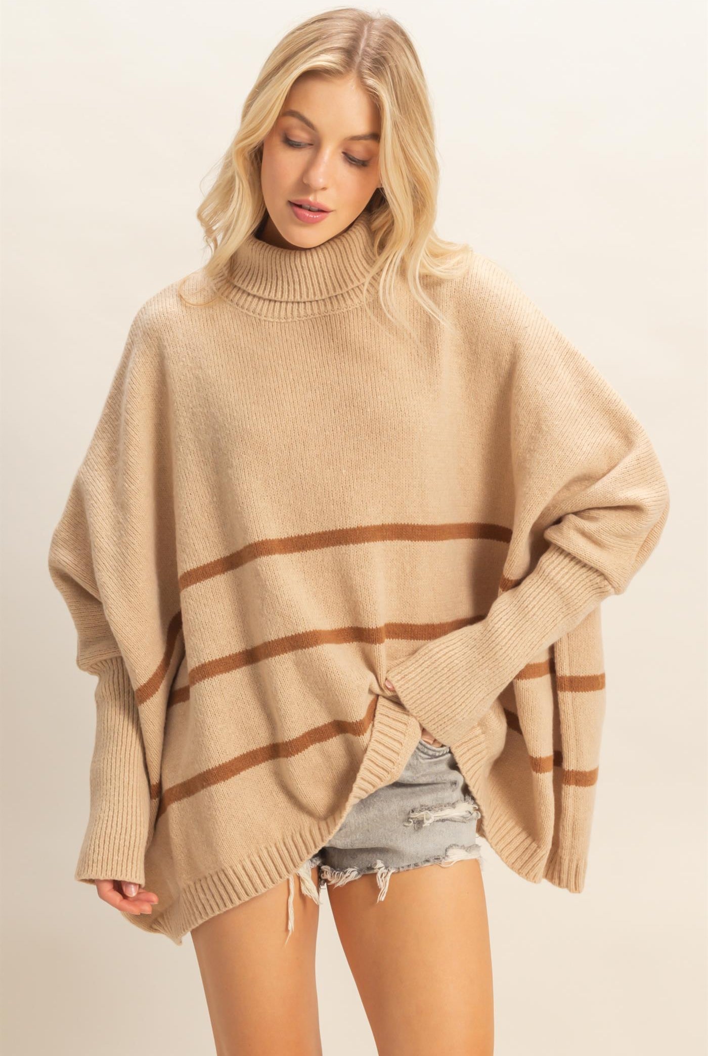Wholesale Striped Turtle Neck Oversized Sweater Sweaters HF25F290 L.TAUPE HYFVE