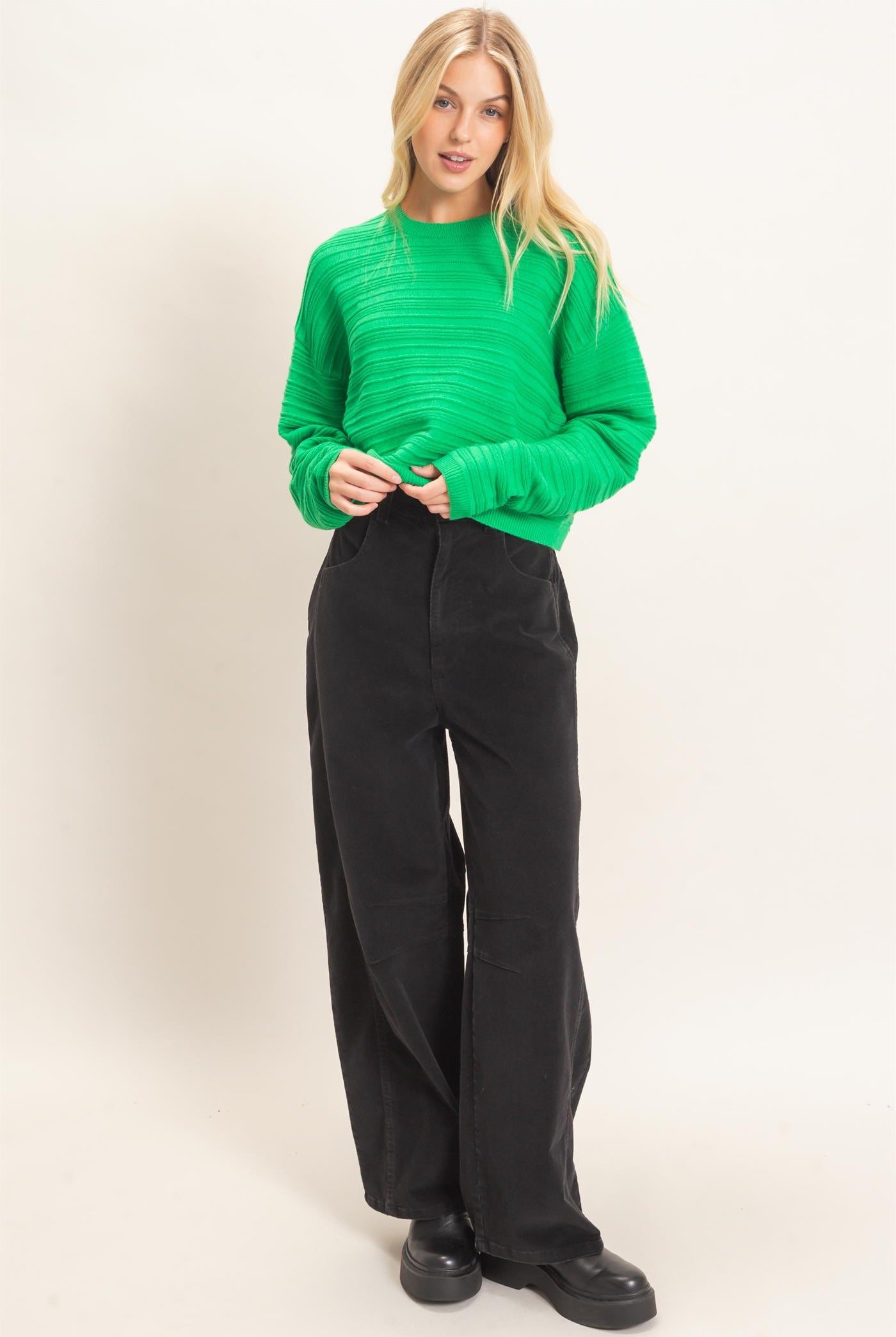 Wholesale Textured Crew Neck Sweater Sweaters HF26F196 GREEN HYFVE