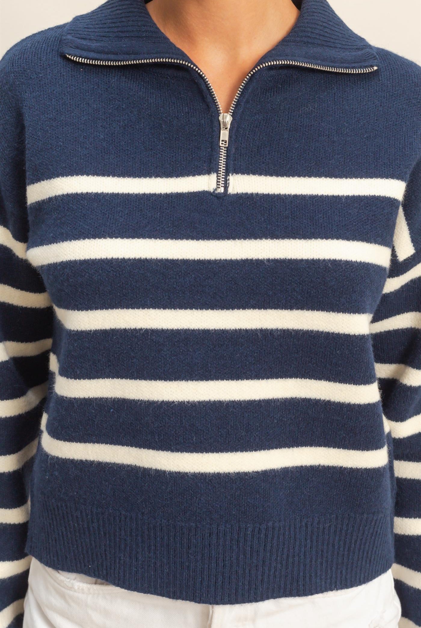 Wholesale Striped Half Zip Sweater Sweaters DZ25E282 NAVY/CREAM DOUBLE ZERO