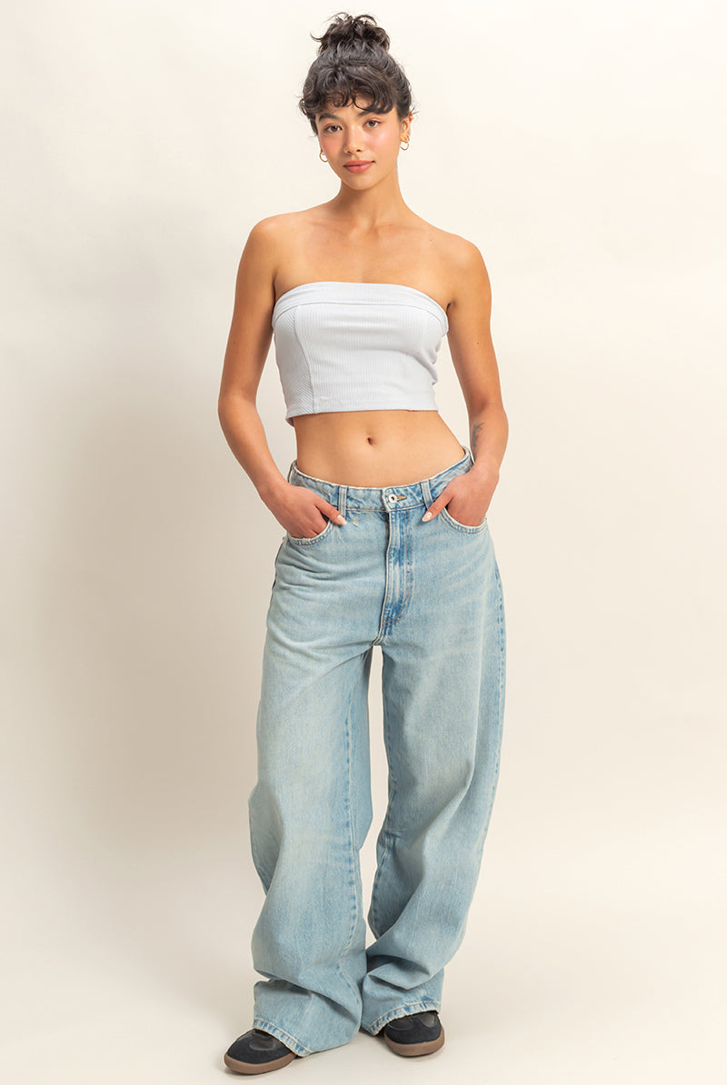Wholesale Strapless Ribbed Crop Top Clothing Tops DZ23E512 ARCTIC BLUE DOUBLE ZERO