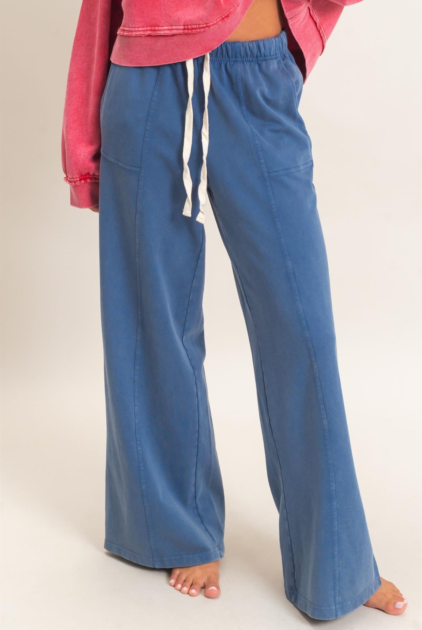 Wholesale Acid Wash Drawstring Waist Wide Leg Pants Pants DZ25A685 NAVY DOUBLE ZERO