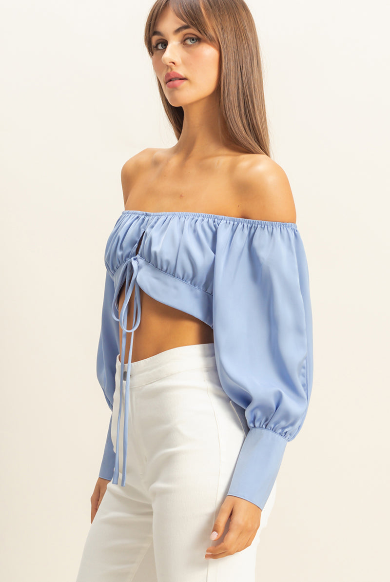 Wholesale Off The Shoulder Satin Crop Top Clothing Tops FS22E582 L.BLUE HYFVE