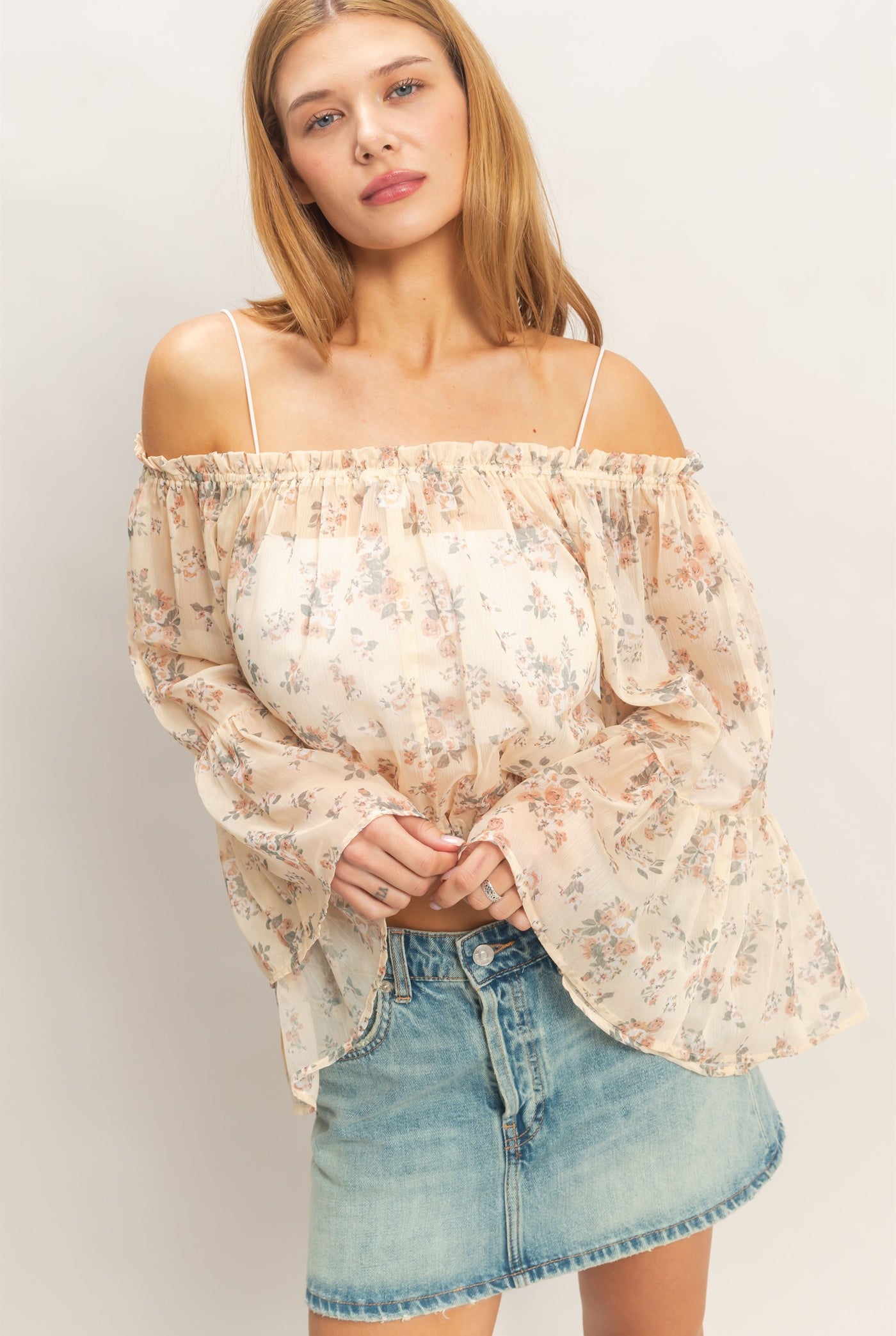 Wholesale Floral Off Shoulder Top Blouses HF26E647 BUFF YELLOW HYFVE