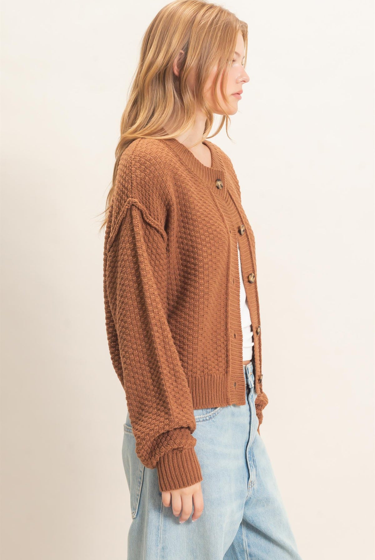 Wholesale Textured Knit Button-Front Cardigan Cardigans HF26C409 BROWN HYFVE