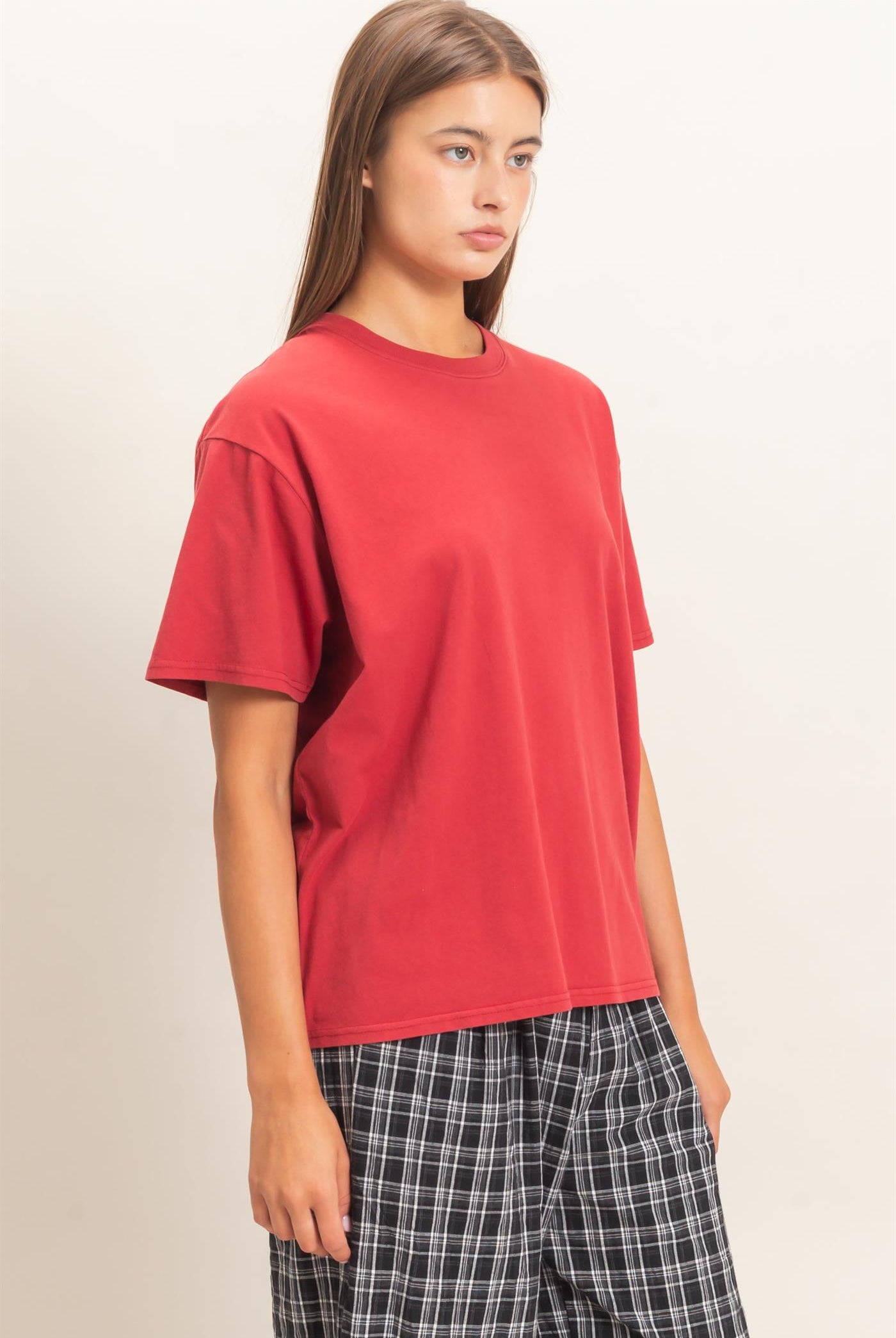 Wholesale Crew Neck Pigment Dye T-Shirt Clothing Tops DZ26E448 DARK RED DOUBLE ZERO