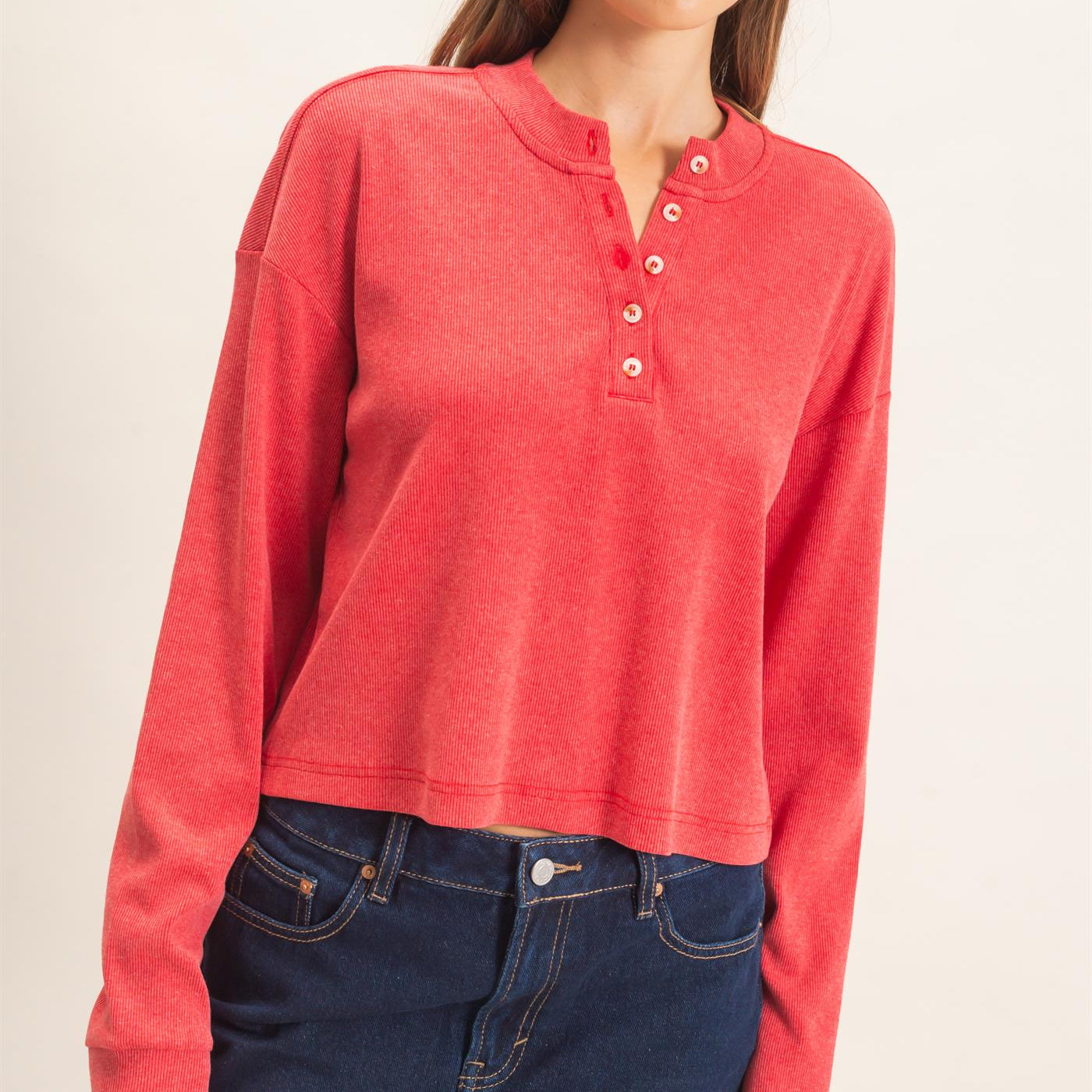 Wholesale Buttoned Henley Top Clothing Tops HF26F081 RED HYFVE