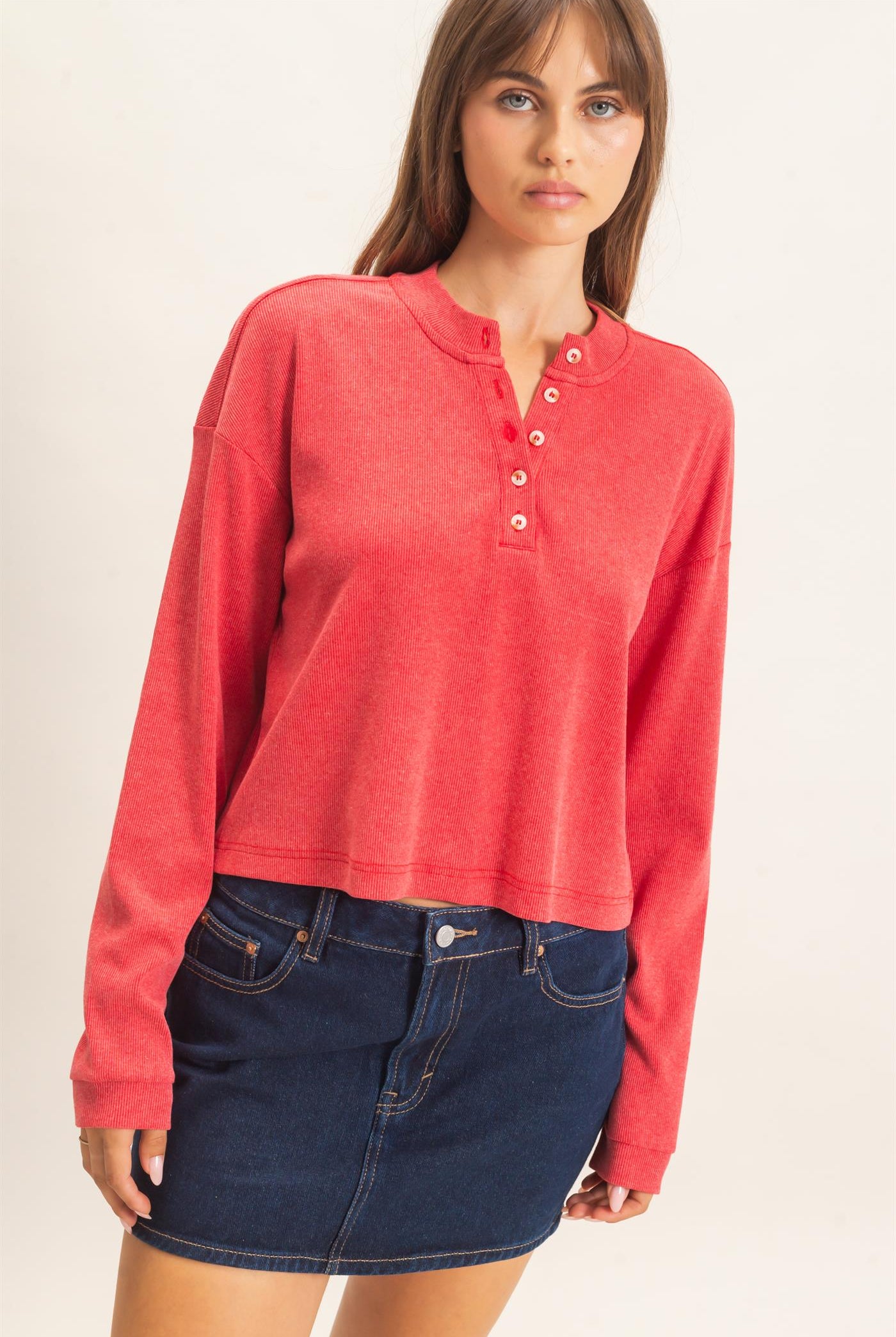Wholesale Buttoned Henley Top Clothing Tops HF26F081 RED HYFVE