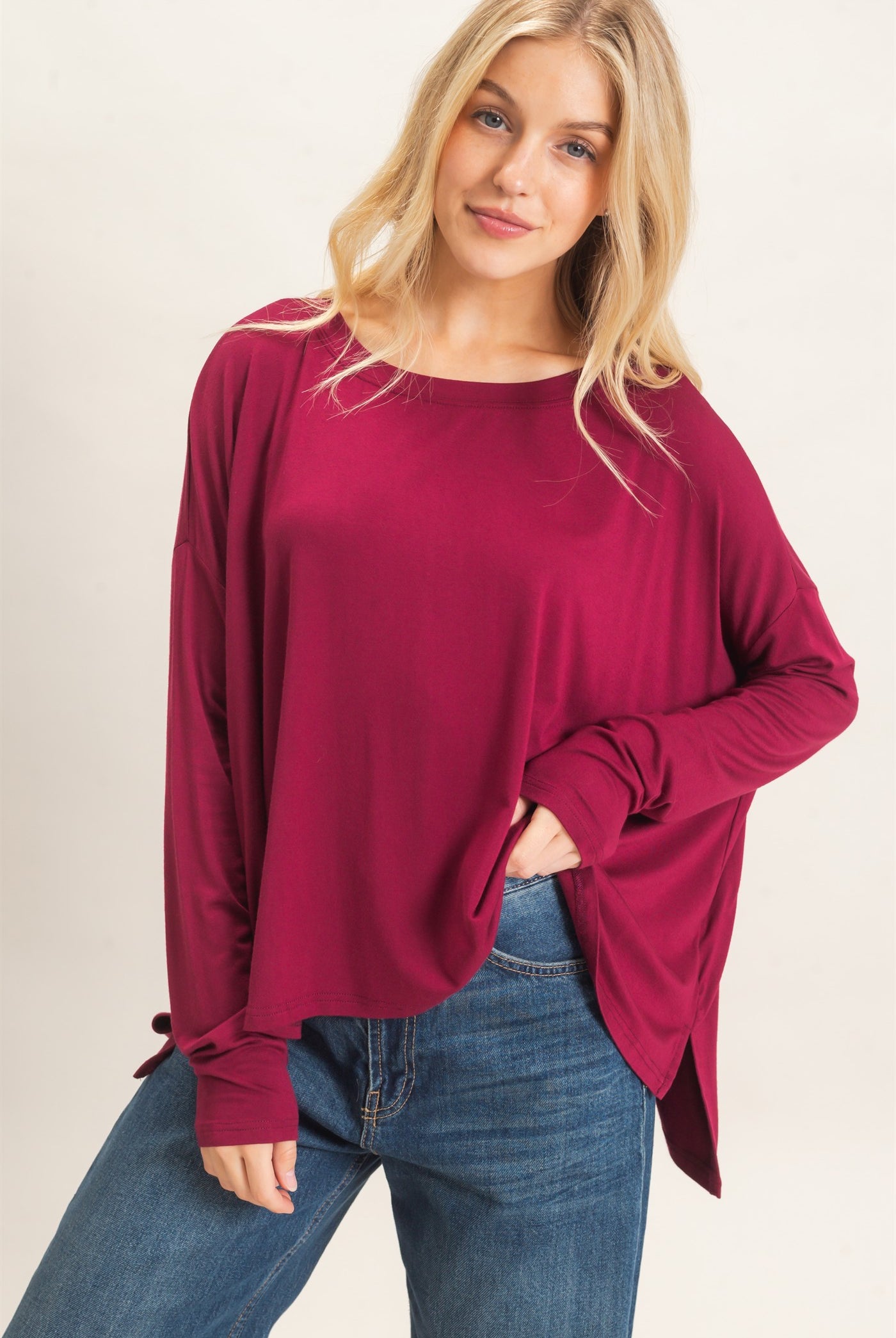 Wholesale Boat Neck Boxy Top Clothing Tops HF26F298 BURGUNDY HYFVE