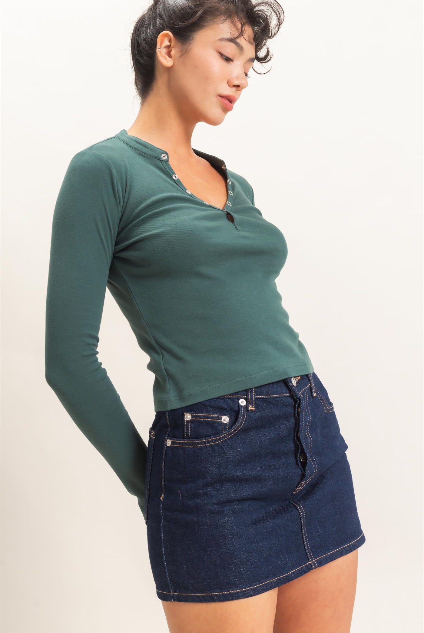 Wholesale Long Sleeve Henley Top Clothing Tops DZ26E865 DARK GREEN DOUBLE ZERO