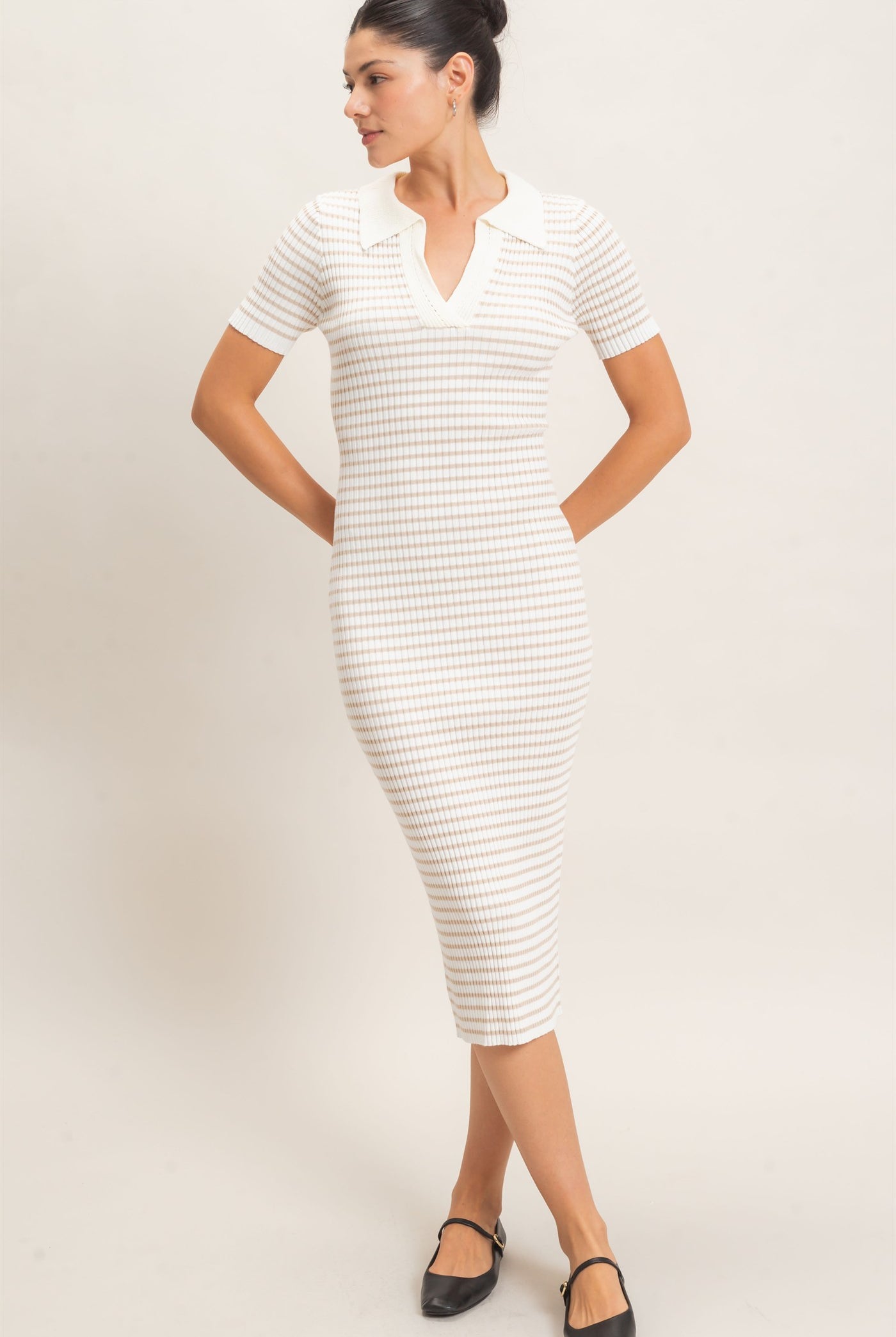 Wholesale Ribbed Collared Midi Dress Dresses HF26E216 CREAM HYFVE