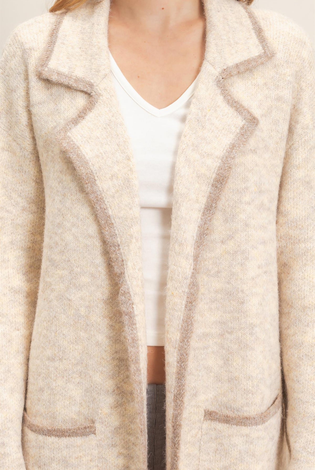 Wholesale Notched Collar Coatigan Sweater Cardigans HF26E695 OATMEAL HYFVE