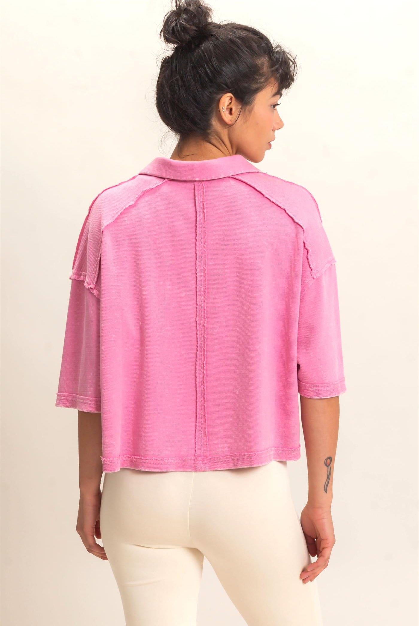 Wholesale Mineral Wash Oversized Collar Short Sleeve Top Clothing Tops DZ26E813 PINK DOUBLE ZERO