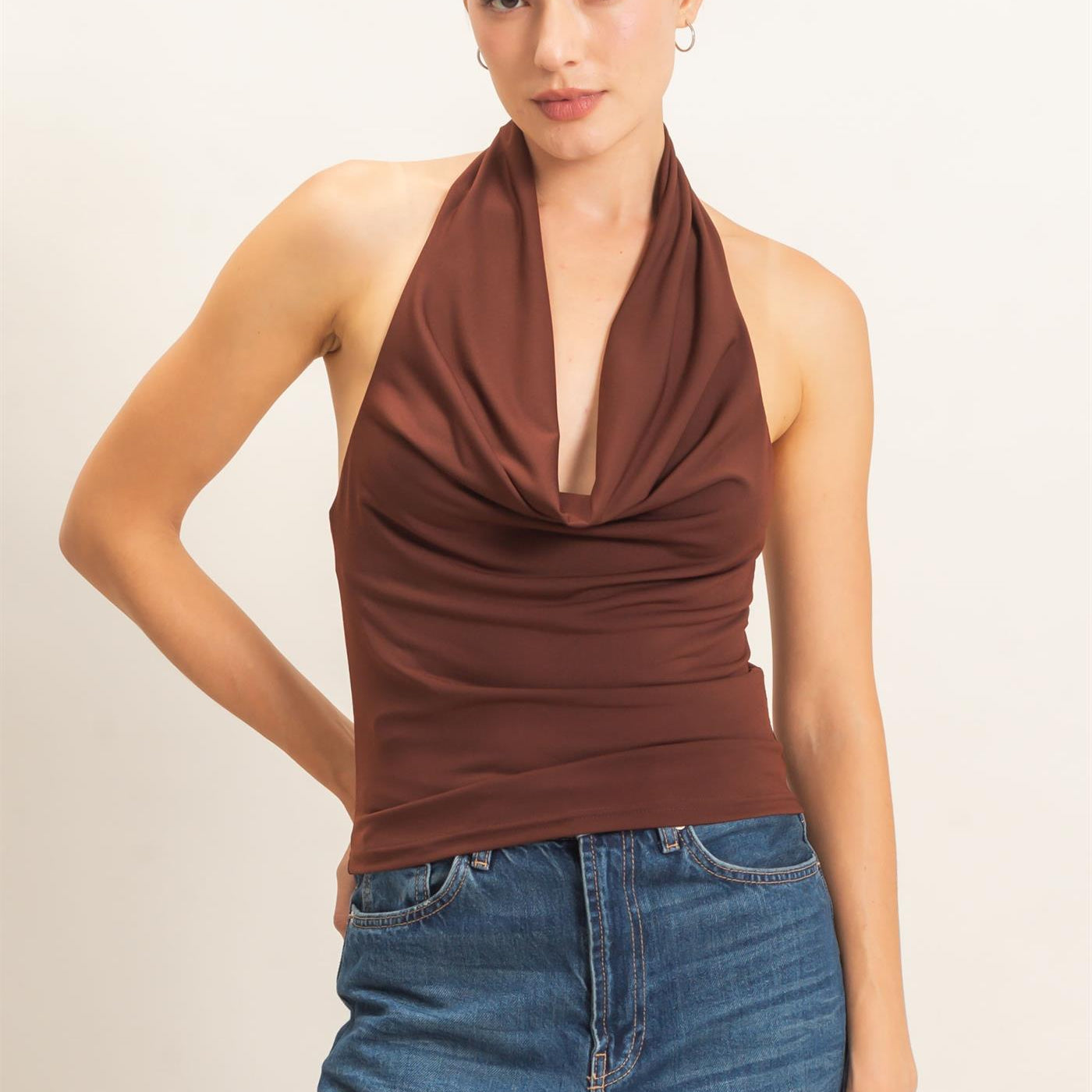 Wholesale Cowl Halter Neck Top Clothing Tops HF26E408 CHOCOLATE HYFVE