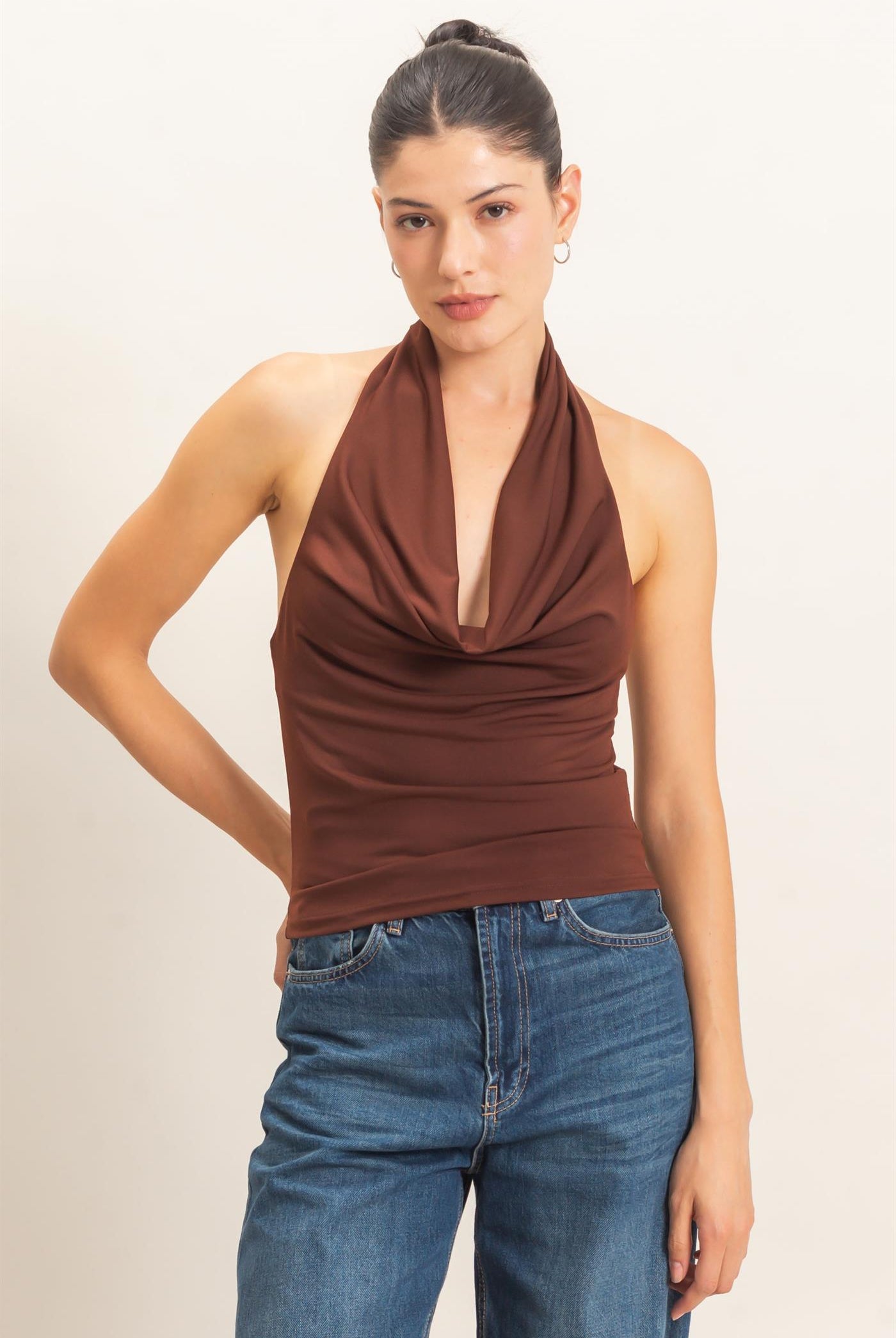 Wholesale Cowl Halter Neck Top Clothing Tops HF26E408 CHOCOLATE HYFVE