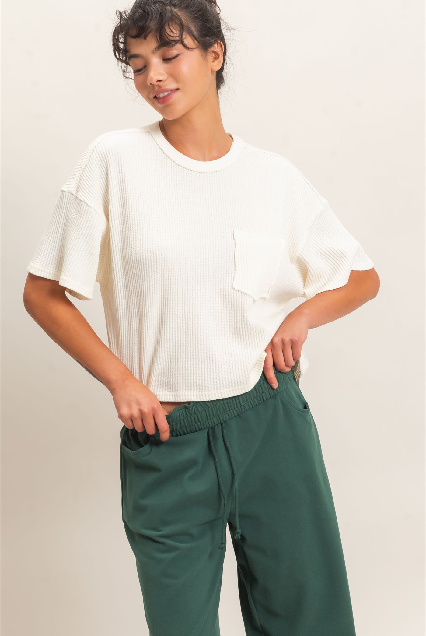 Wholesale Mineral Wash Waffle Knit Pocket Top Clothing Tops DZ26E222 CREAM DOUBLE ZERO