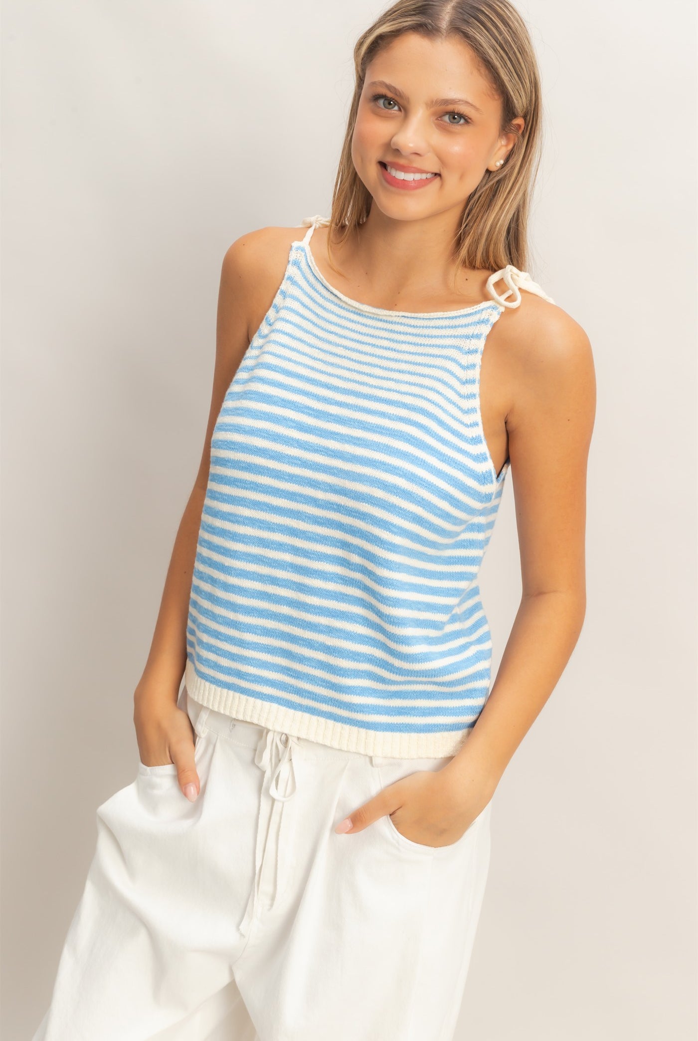 Wholesale Striped Knit Tie-Strap Tank Sweaters HF26A184 SKY BLUE HYFVE
