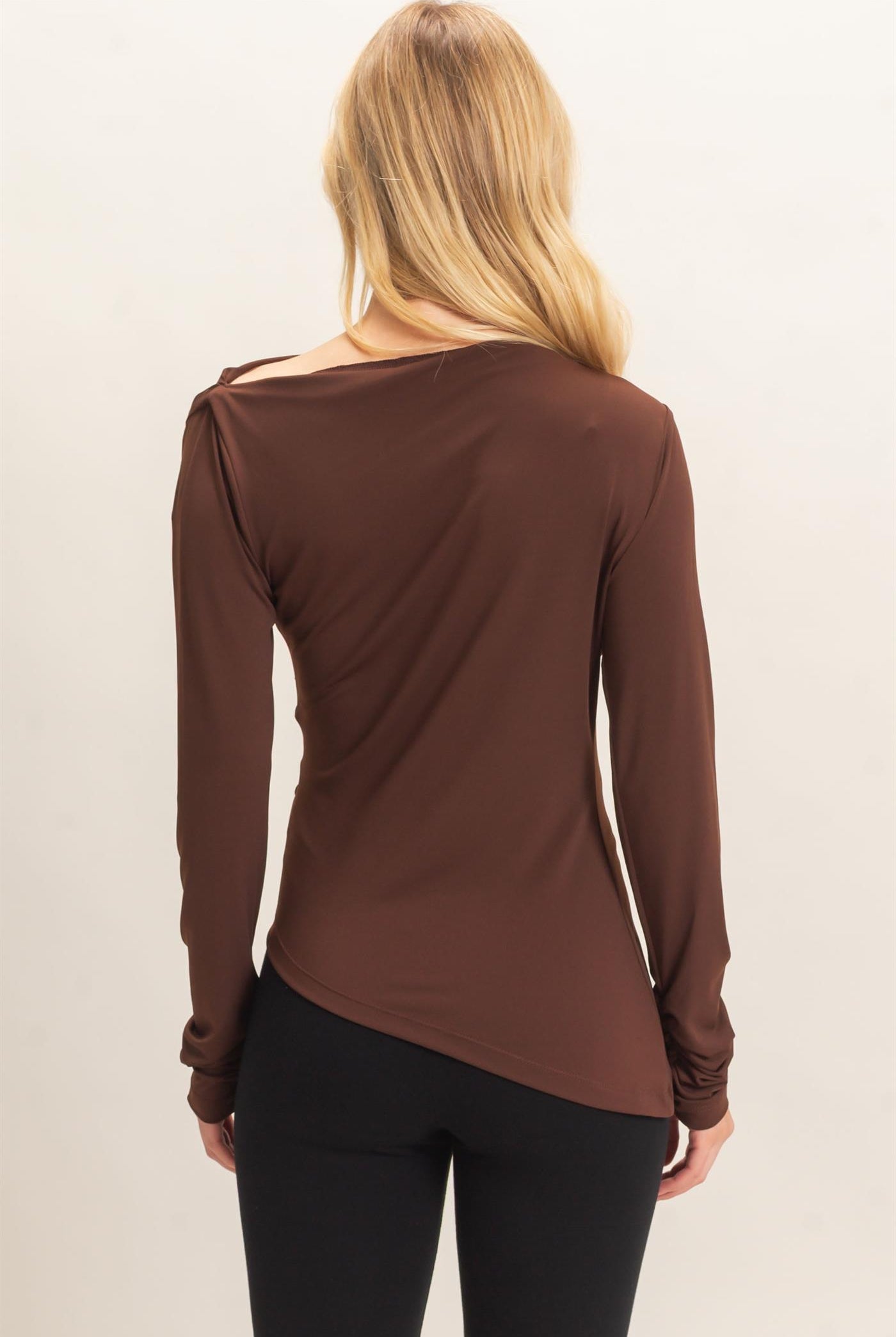 Wholesale Asymmetrical Ruched Long Sleeve Top Clothing Tops HF26C683 CHOCOLATE HYFVE