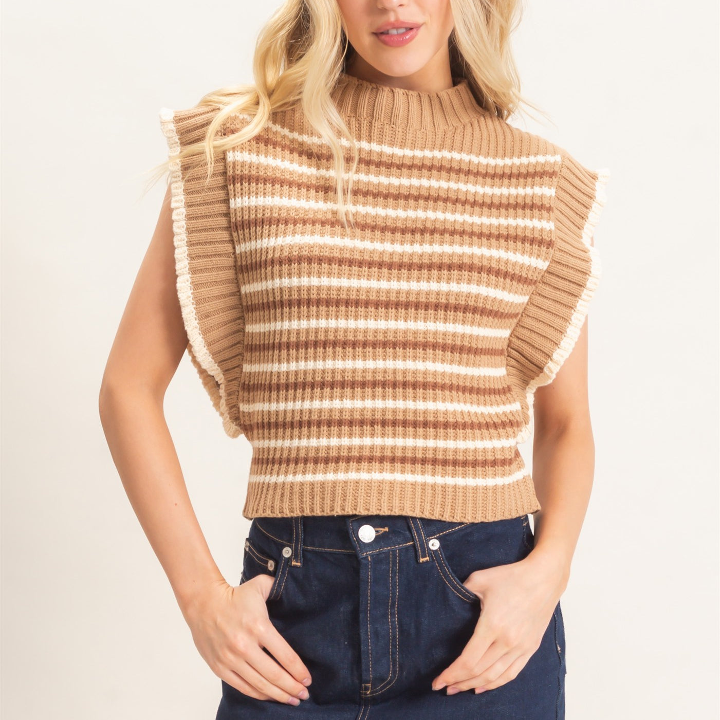 Wholesale Ribbed Ruffle Sleeve Sweater Sweaters HF26F182 BROWN HYFVE