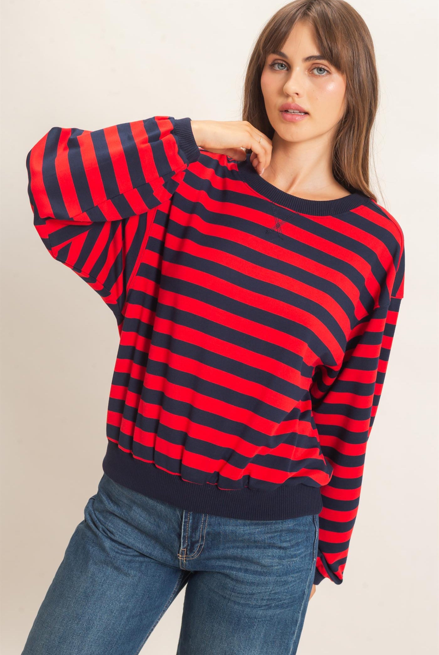 Wholesale Striped Crew Neck Sweatshirt Sweatshirts HF26E010 RED HYFVE