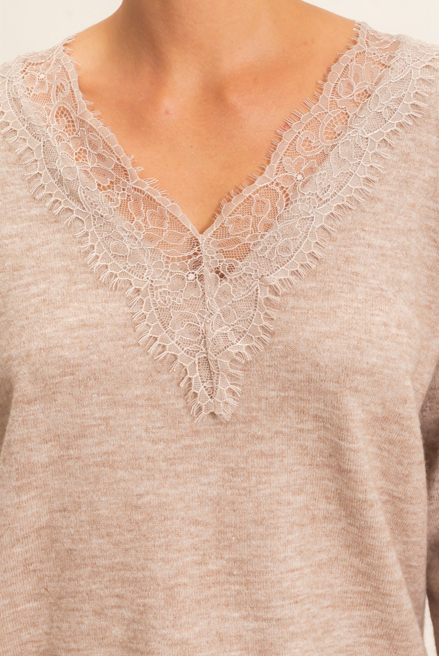 Wholesale Lace Trim V-Neck Sweater Sweaters DZ26E327 TAUPE DOUBLE ZERO