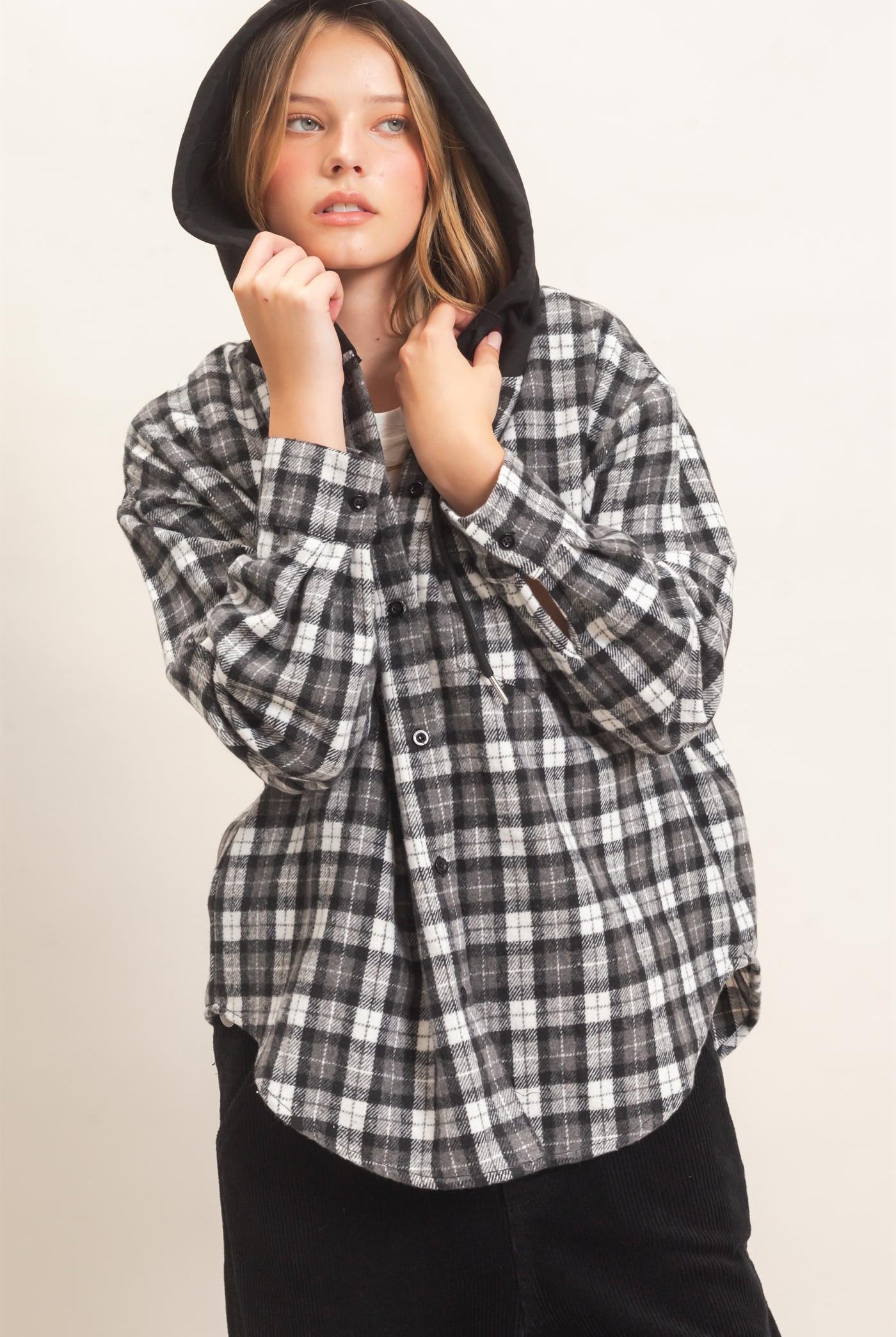 Wholesale Hooded Plaid Button-Up Shirt Shirts HF26F018 BLACK HYFVE