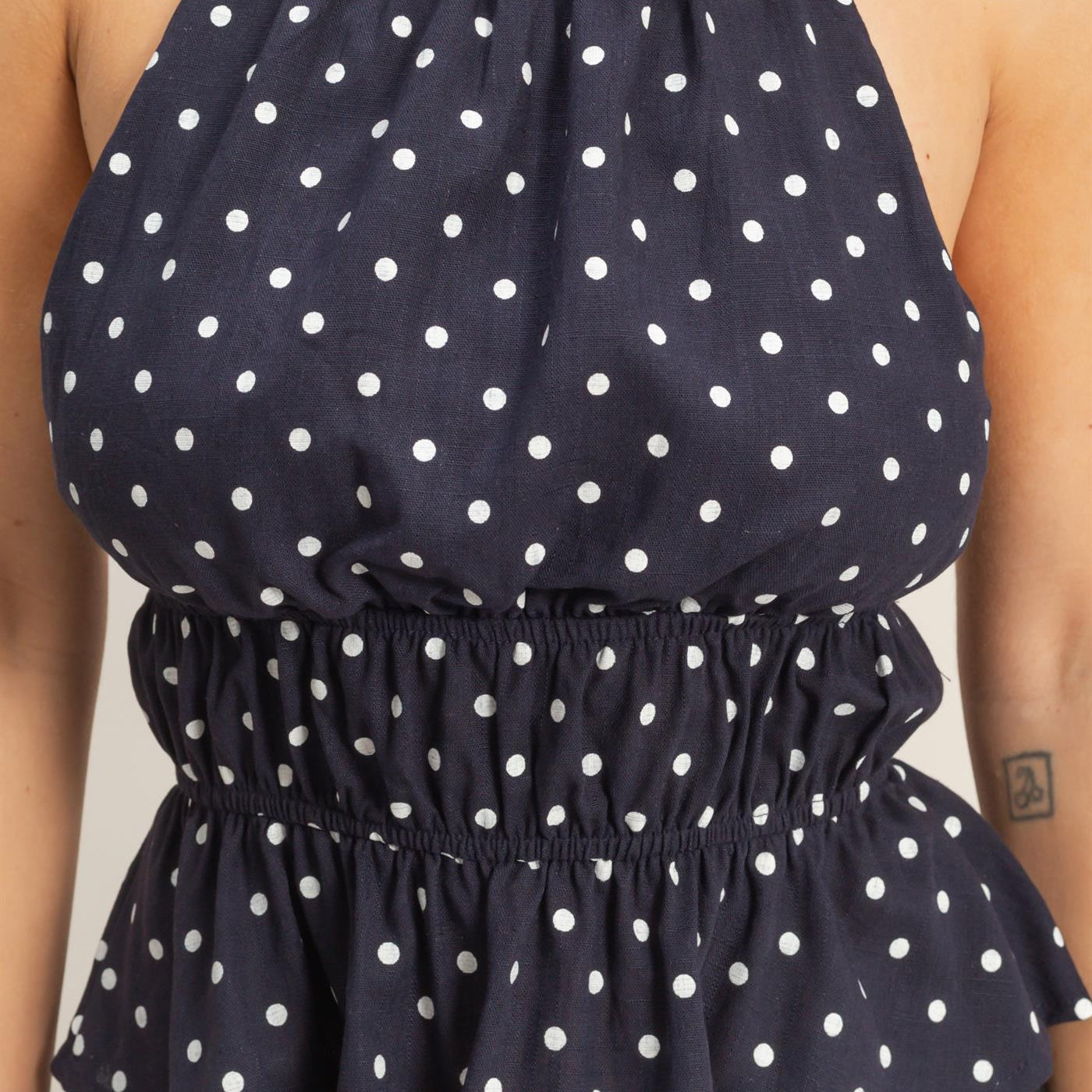 Wholesale Polka Dot Halter Peplum Top Blouses HF26C526-D NAVY HYFVE