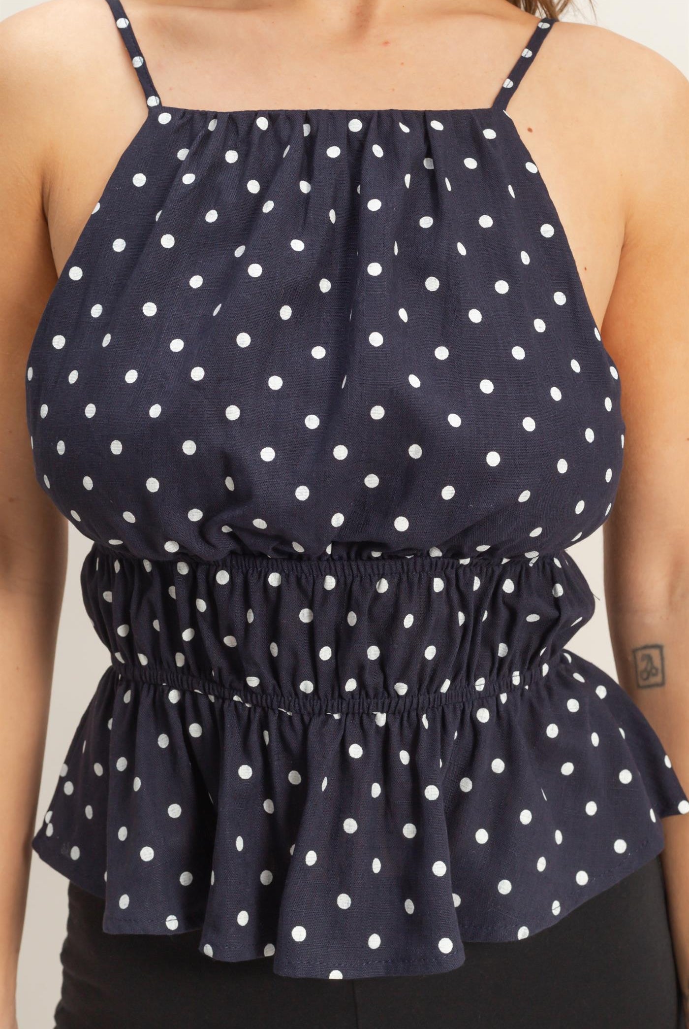 Wholesale Polka Dot Halter Peplum Top Blouses HF26C526-D NAVY HYFVE