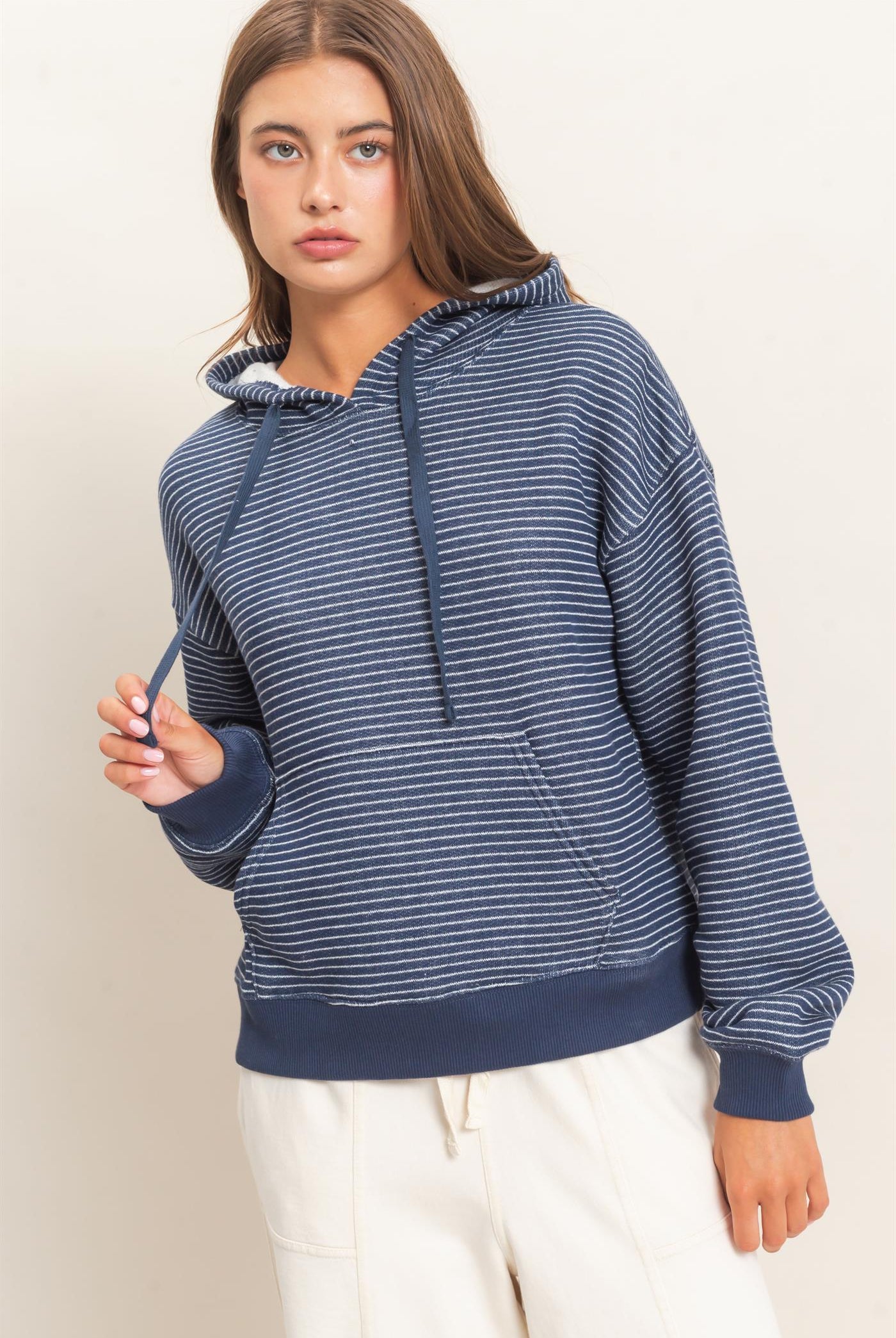 Wholesale Striped French Terry Hoodie Hoodies DZ26C619 NAVY DOUBLE ZERO