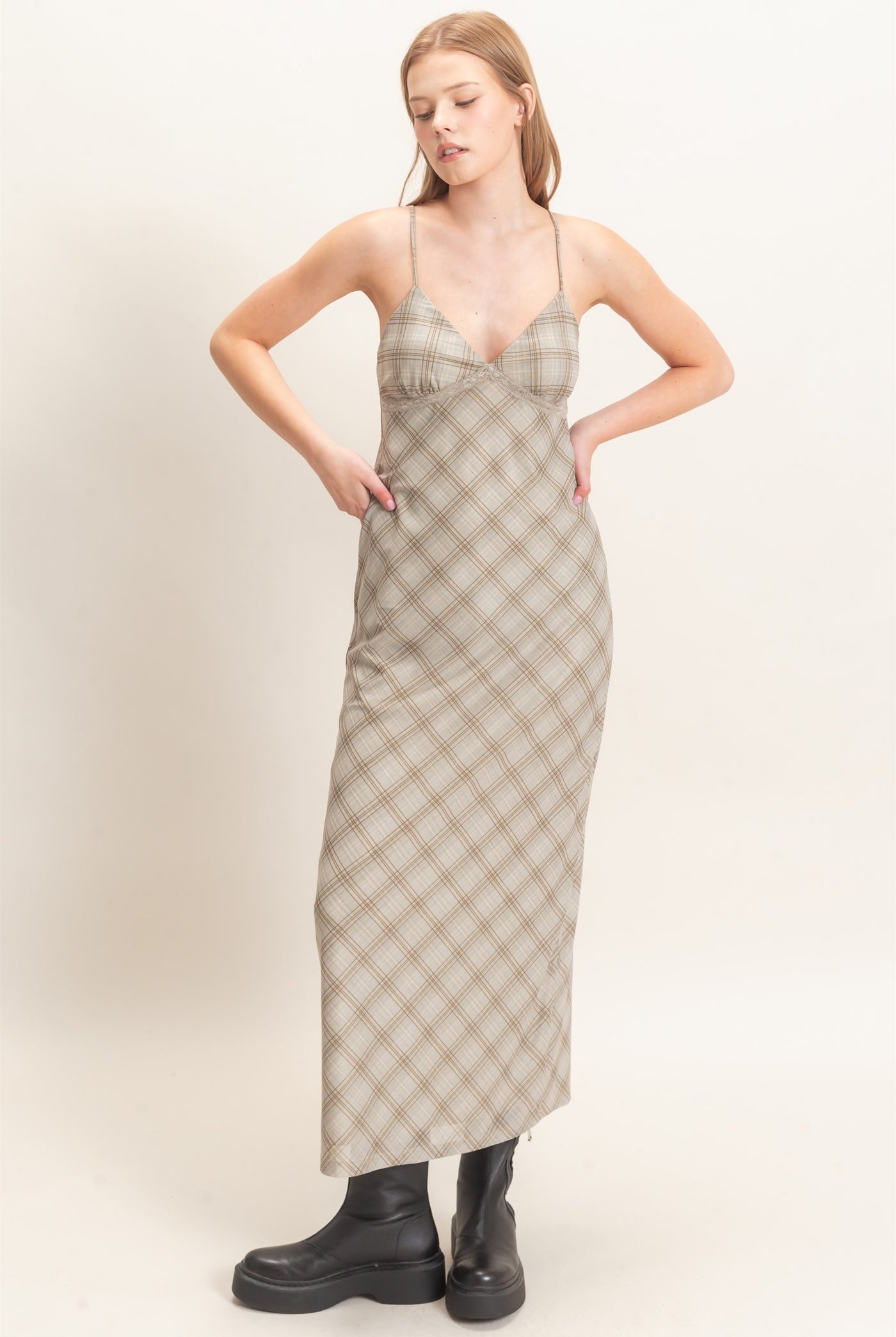 Wholesale Plaid Spaghetti Strap Midi Dress Dresses HF26E709 SAGE HYFVE