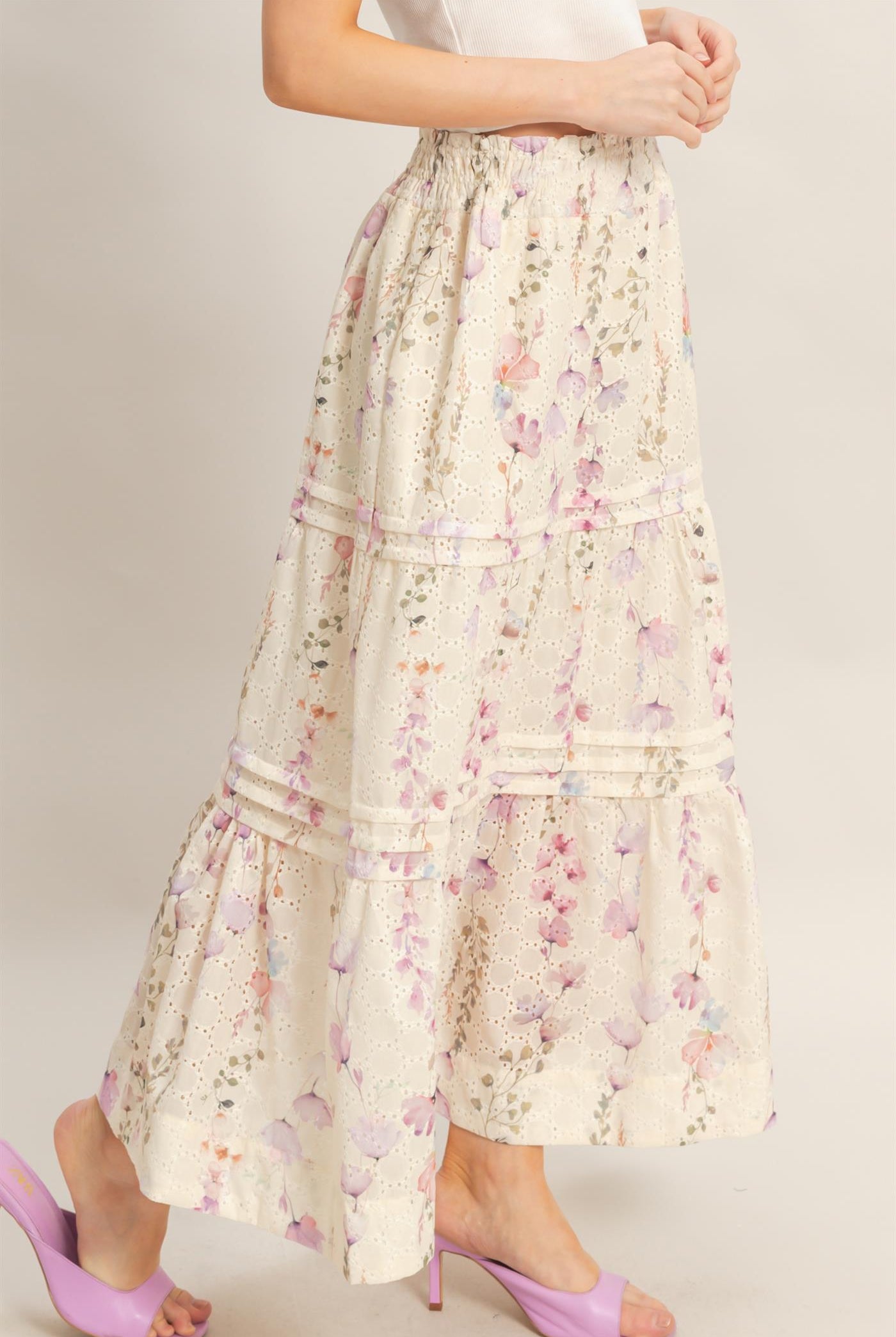 Wholesale Floral Smocked Waist Skirt Skirts HF26A361-D YELLOW HYFVE