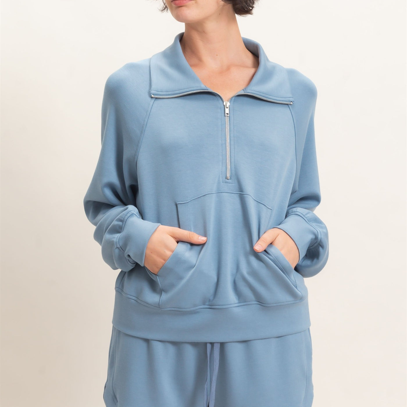 Wholesale Half-Zip Collar Raglan Pullover Sweatshirts DZ26C967 DUSTY BLUE DOUBLE ZERO
