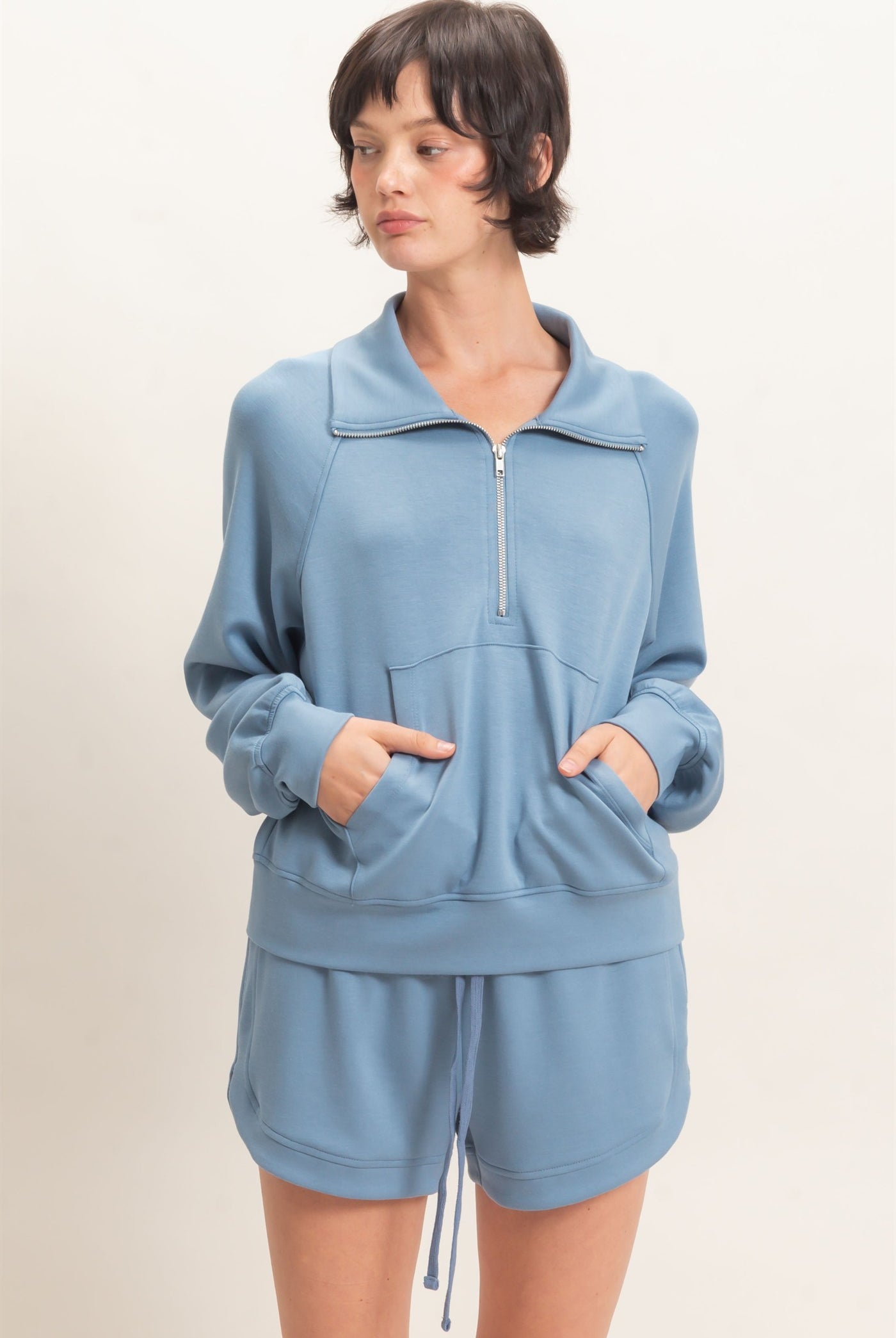 Wholesale Half-Zip Collar Raglan Pullover Sweatshirts DZ26C967 DUSTY BLUE DOUBLE ZERO